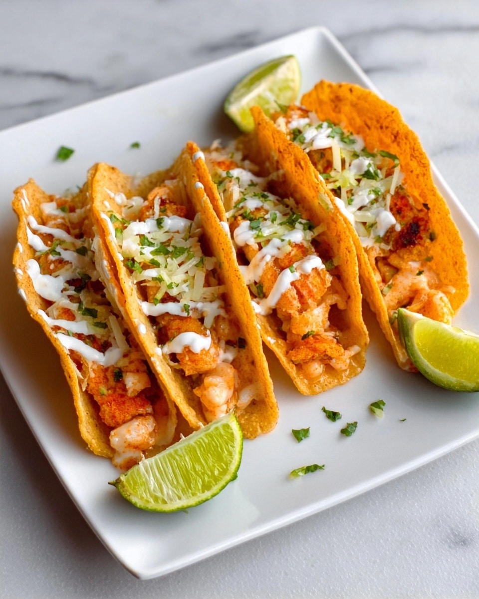 The image shows four crispy taco shells standing upright in a row on a white square plate placed on a white marbled surface. Each taco is filled with orange-colored fried shrimp pieces at the bottom, followed by small chunks of light-yellow lettuce, and topped with a generous dollop of white creamy sauce. Tiny green herb pieces are sprinkled over the filling and plate for garnish. Two lime wedges are placed on the plate, one near the top right corner and one near the bottom left corner, adding a touch of green and yellow to the scene. Photo taken with an iphone --ar 4:5 --v 7