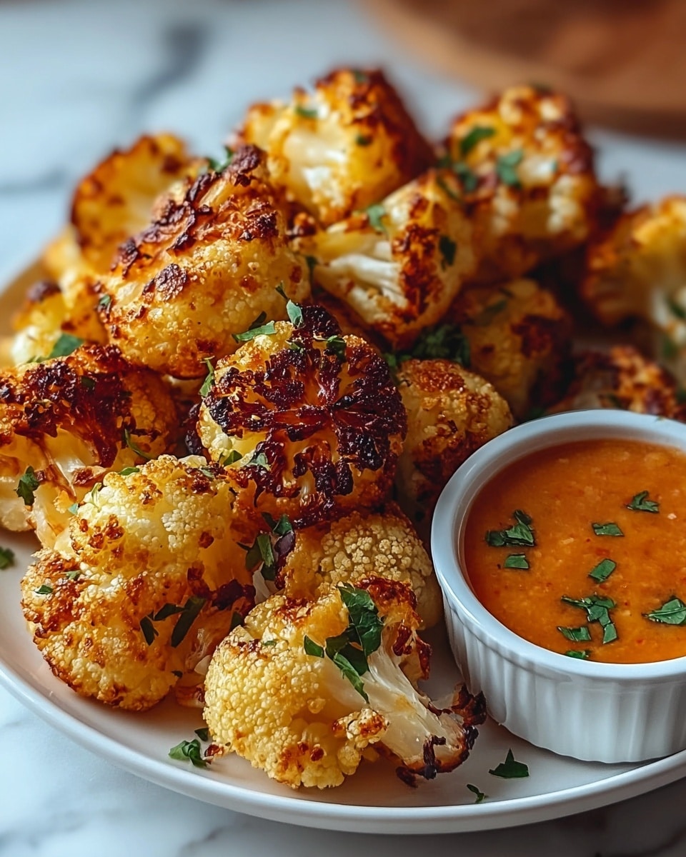 The image shows a white plate filled with several pieces of golden-brown roasted cauliflower, each piece having a crispy, slightly charred texture with small brown spots indicating roasting. The cauliflower pieces are sprinkled with small bits of fresh green herbs on top, adding a pop of color. Next to the cauliflower on the right side of the plate is a small white ramekin filled with a creamy, smooth orange dipping sauce that also has a few green herb bits scattered on it. The plate is placed on a white marbled surface. photo taken with an iphone --ar 4:5 --v 7