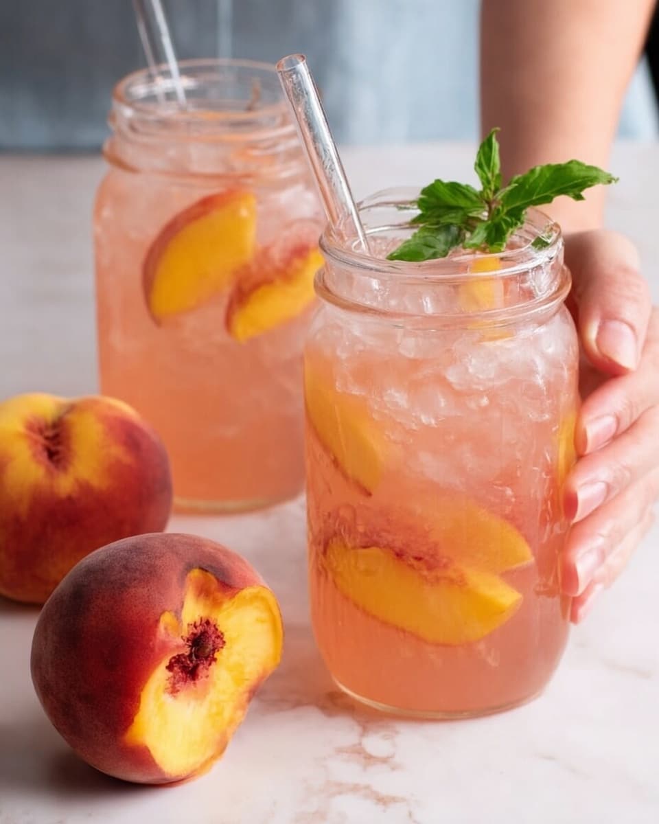 Two clear glass jars filled with light pink peach drink and ice cubes sit on a white marbled surface; the jar in front has visible peach slices and a small green mint leaf on top, with a clear straw inserted, while the second jar behind is held by a woman's hand and also contains a clear straw but fewer visible peach slices; in front of the jars, a whole peach and a halved peach with the pit exposed rest on the surface, showing orange and reddish-yellow colors with soft textures. photo taken with an iphone --ar 4:5 --v 7
