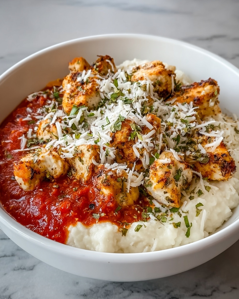 A white bowl filled with three main layers: the bottom layer is a smooth, creamy white mash; above it is a bright red tomato sauce spread unevenly; the top layer consists of golden-brown chicken pieces seasoned with herbs and spices, sprinkled with white shredded cheese and small green herb pieces scattered on top. The bowl sits on a white marbled surface. photo taken with an iphone --ar 4:5 --v 7