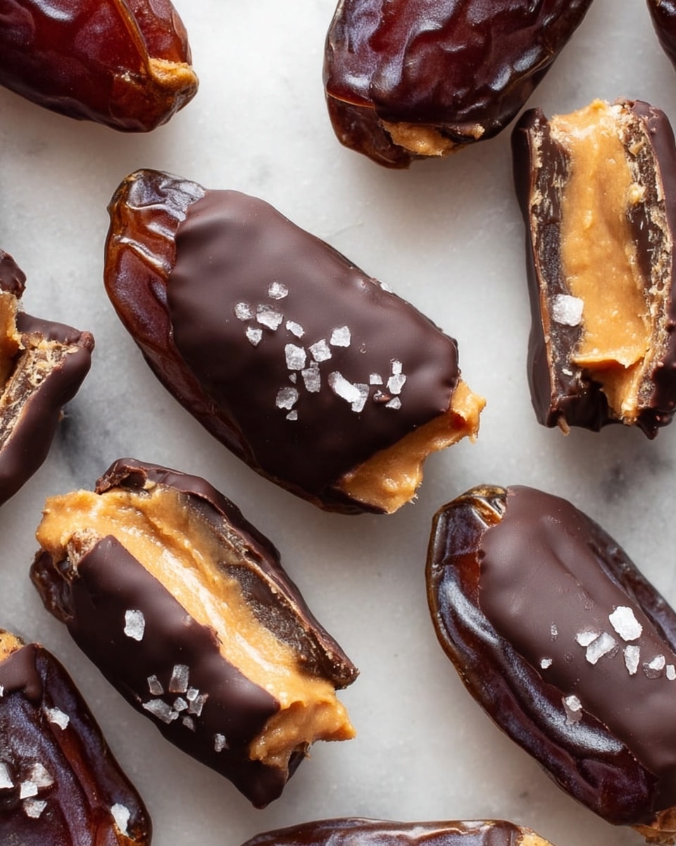 The image shows several pieces of dates that are cut in half and filled with a golden peanut butter layer, covered on top with a thick, smooth dark chocolate layer. Some of the chocolate layers are sprinkled lightly with small bits of sea salt. The textures include the glossy, slightly bumpy chocolate surface, the creamy and shiny peanut butter, and the natural wrinkled brown skin of the dates beneath. The pieces are arranged on a white marbled surface in a scattered pattern, with one piece cut open in the center showing the creamy peanut butter inside. photo taken with an iphone --ar 4:5 --v 7