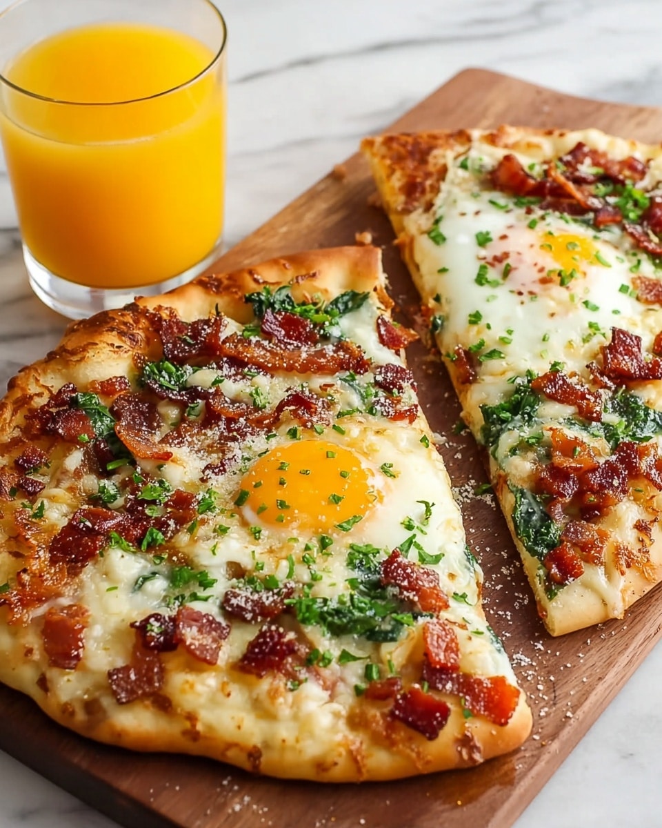 A close-up of two slices of breakfast pizza on a wooden board over a white marbled surface, each slice showing a base layer of golden-brown thin crust, topped with melted cheese, crispy pieces of bacon, scattered green herbs, wilted spinach, and a sunny-side-up egg with a bright yellow yolk at the center of each slice. In the background, there is a glass filled with orange juice. The pizza’s edge is slightly raised and crisp, with a mix of textures from gooey cheese and crunchy bacon all around. photo taken with an iphone --ar 4:5 --v 7