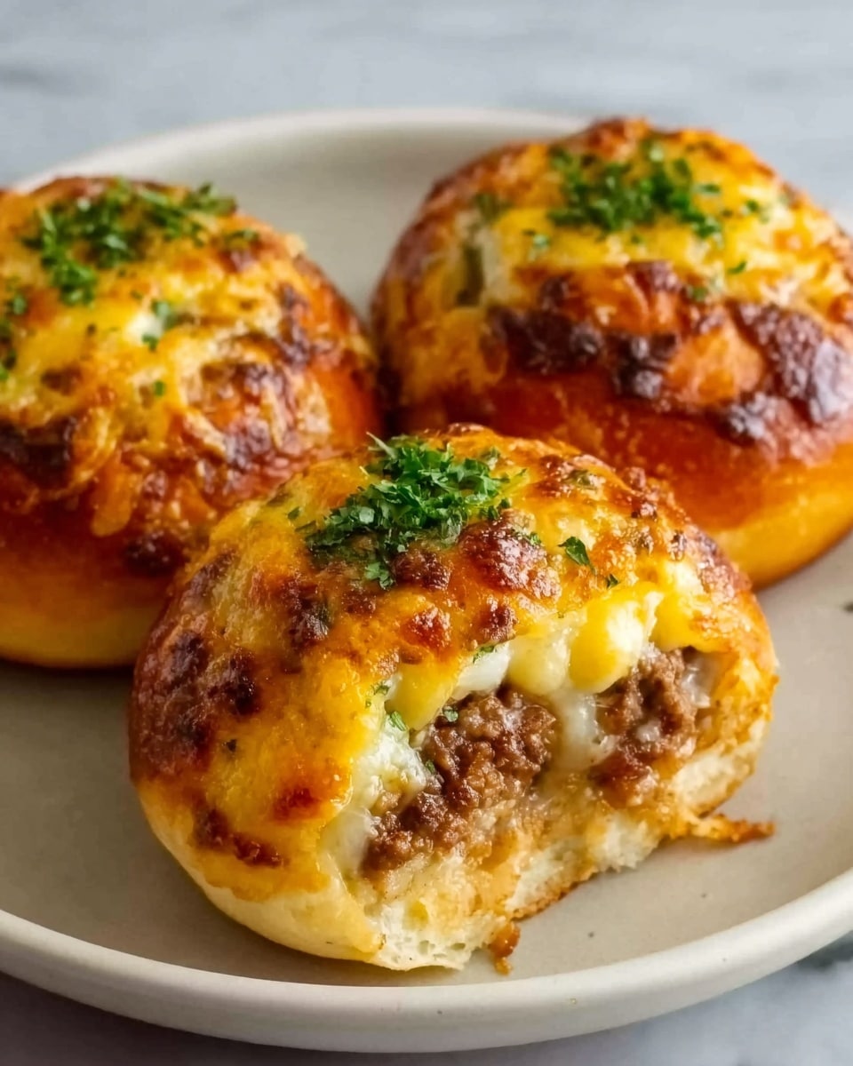 The image shows three stuffed bread rolls on a white plate. Each roll is golden brown on the outside with a slightly crispy texture. The top layer is covered with melted yellow cheese that has browned spots, while the middle layer reveals a filling of cooked, crumbly beef mixed with herbs. There is a light sprinkle of green herbs on top for color and freshness. The plate sits on a white marbled surface, making the warm colors of the rolls stand out. photo taken with an iphone --ar 4:5 --v 7