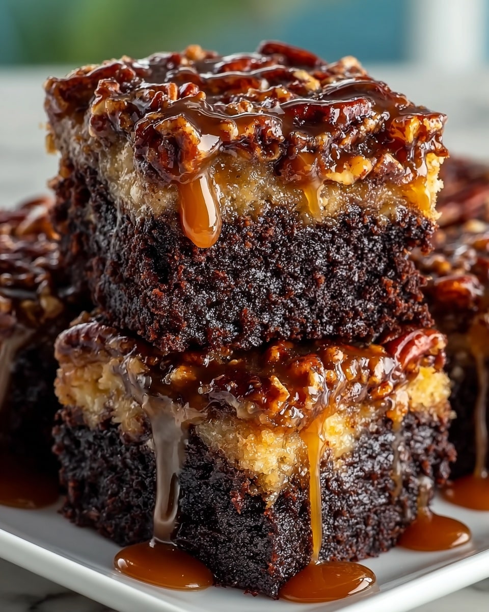 A close-up view of rich, two-layered dessert squares stacked on a white plate with a white marbled background. The bottom layer is dark, moist chocolate cake with a dense, slightly crumbly texture. The top layer is a lighter, golden-brown caramel nut topping, thickly covered with shiny pecans, and dripping glossy caramel sauce down the sides. The caramel is sticky and glistening, creating a visually gooey effect. Photo taken with an iphone --ar 4:5 --v 7