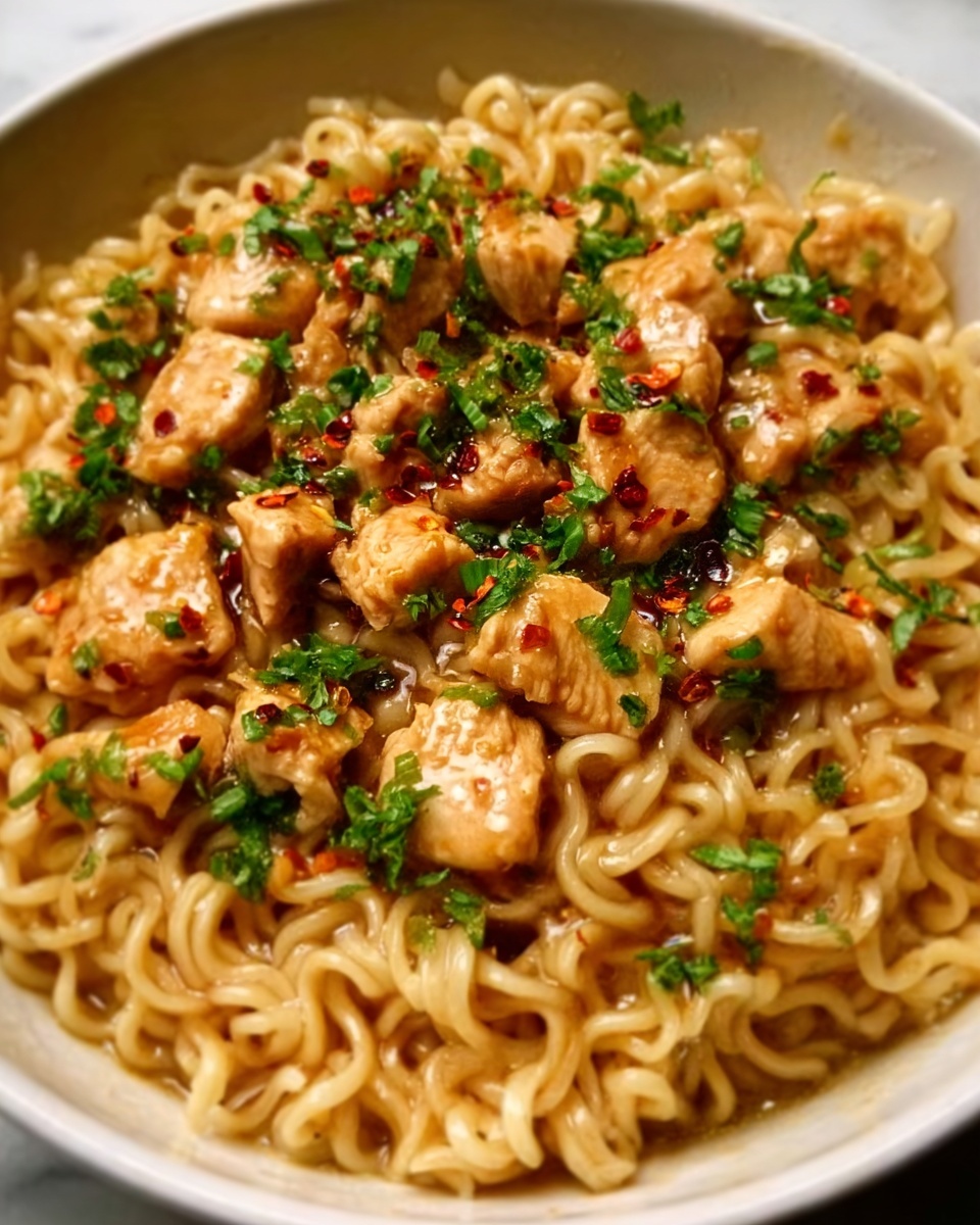 A close-up of a bowl filled with cooked ramen noodles that have a soft, curly texture and a light golden color forming the base layer. On top, there are small, lightly browned pieces of chicken scattered evenly across the noodles, covered with a layer of finely chopped green herbs and red chili flakes adding bright green and specks of red color contrasts. The bowl is white, sitting on a white marbled surface, highlighting the warm colors of the dish. photo taken with an iphone --ar 4:5 --v 7