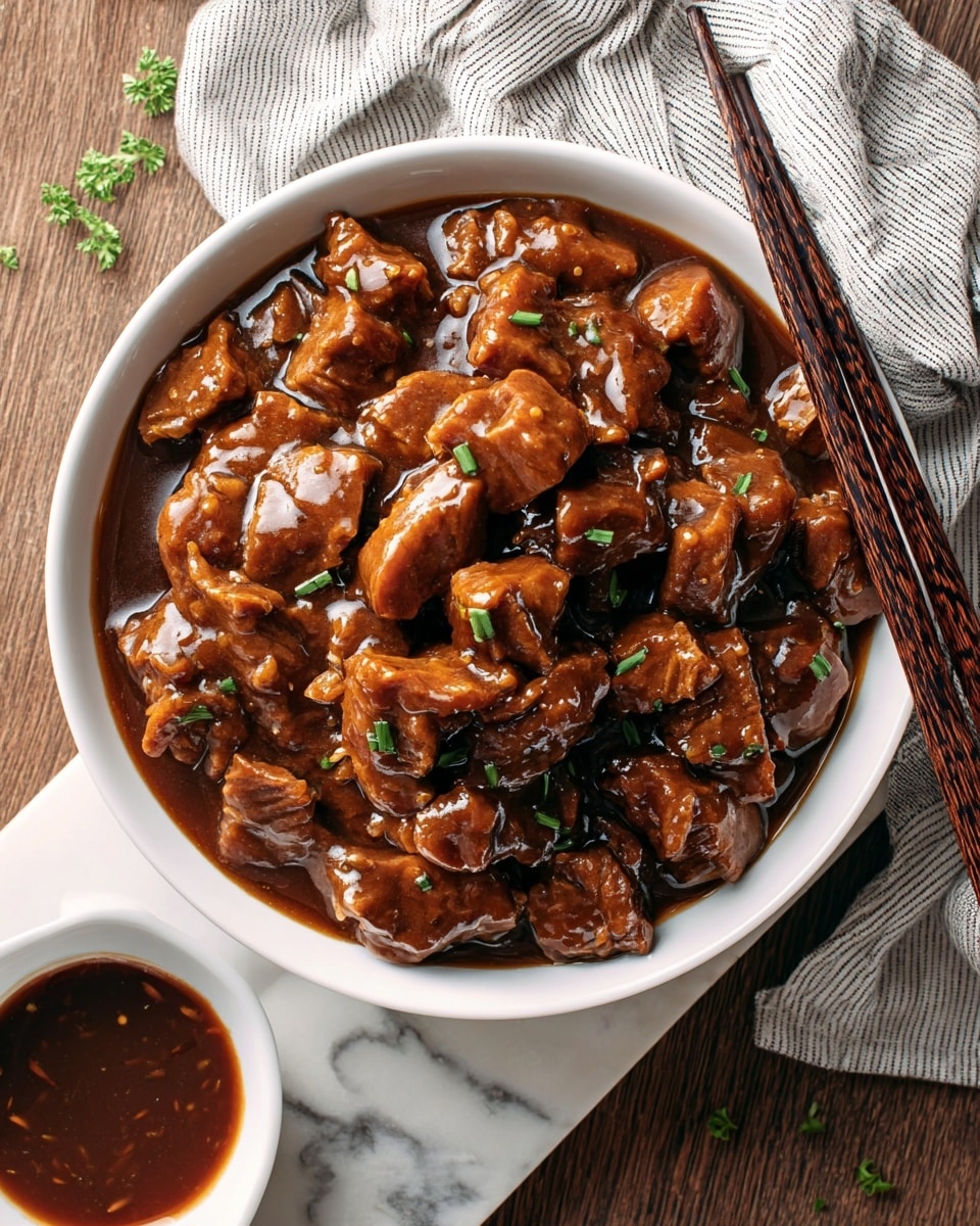 The image shows a white bowl filled with a rich, glossy brown stew made of chunky, tender pieces of meat, each coated in thick sauce. The stew has small green herb pieces sprinkled on top, adding a touch of color. On the right side of the bowl, there are dark wooden chopsticks resting along the edge. A small white dish with a similar dark brown sauce sits nearby on a wooden table, which is covered by a white marbled texture. The scene includes a striped white and gray cloth underneath the bowl, giving a cozy and neat look. Photo taken with an iphone --ar 4:5 --v 7