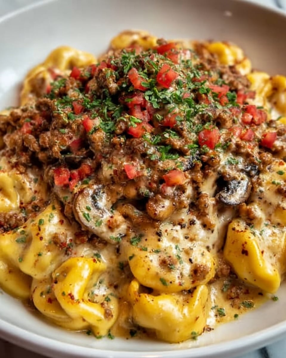 The dish features a close-up of creamy tortellini pasta as the base layer, with a rich yellow-orange cheese sauce coating each piece. On top, there is a thick layer of browned ground meat mixed with sliced mushrooms, adding texture and a mix of dark brown and light tan colors. The dish is finished with a sprinkle of finely chopped fresh green herbs and small pieces of bright red diced tomatoes, giving a fresh contrast to the warm tones of the pasta and meat. The food is presented on a simple white plate sitting on a white marbled surface. Photo taken with an iphone --ar 4:5 --v 7