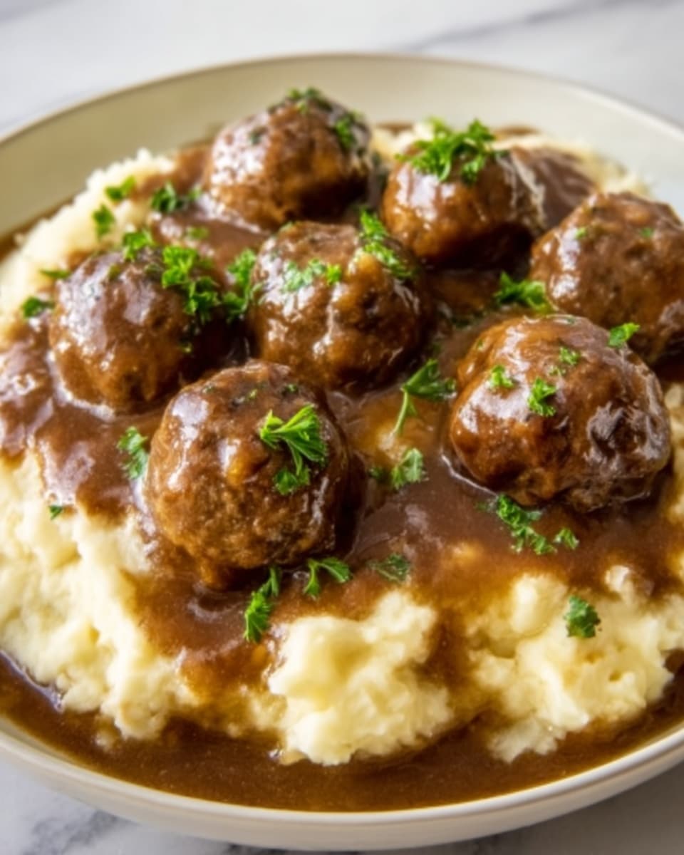 A white plate holds a generous serving of smooth, creamy mashed potatoes topped with several round, brown meatballs, each coated in thick, rich brown gravy. The meatballs have a slightly rough texture, while the gravy glistens warmly under soft light. Small bits of green parsley are sprinkled over the gravy and meatballs, adding a touch of fresh color. The plate sits on a white marbled surface, creating a clean and bright background. Photo taken with an iphone --ar 4:5 --v 7