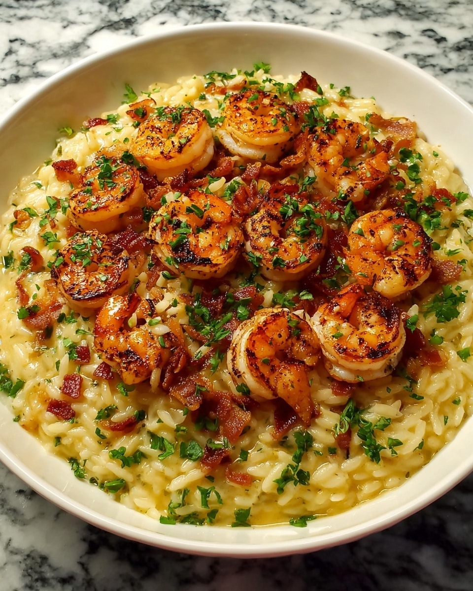A deep white plate holds a creamy bed of yellowish risotto with soft, plump orzo rice mixed with small bits of reddish-brown bacon pieces. On top, there are ten browned, grilled shrimp arranged in a circular pattern, each shrimp showing grilled marks and a slightly bright orange color. Chopped green herbs are sprinkled generously over both the shrimp and rice, adding fresh color and texture. The plate sits on a white marbled surface. photo taken with an iphone --ar 4:5 --v 7