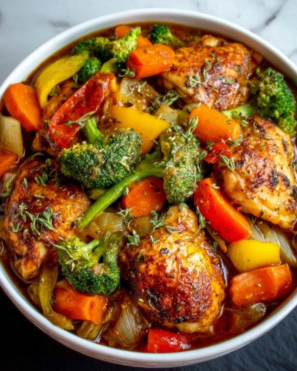 A white bowl filled with a colorful stew showing about three main layers: at the bottom, thick brown sauce with visible herbs; in the middle, large pieces of bright orange carrots, green broccoli florets, and yellow bell peppers; on top, several golden-brown roasted chicken thighs with crispy skin and seasoning. The bowl sits on a white marbled surface. Photo taken with an iphone --ar 4:5 --v 7
