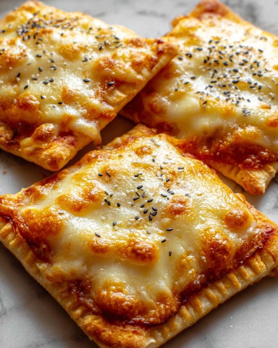 The image shows three square pizza pockets on a white marble textured surface. Each pizza pocket has a golden-brown baked crust with small, crisp edges. The top layer is covered with melted cheese that looks soft and slightly browned in spots, with some black sesame seeds sprinkled on top. The cheese layer is thick and gooey, slightly stretching at the edges. The pizza pockets are placed close together, and the overall lighting highlights the warm, crispy texture of the crust and the glistening melted cheese. Photo taken with an iphone --ar 4:5 --v 7