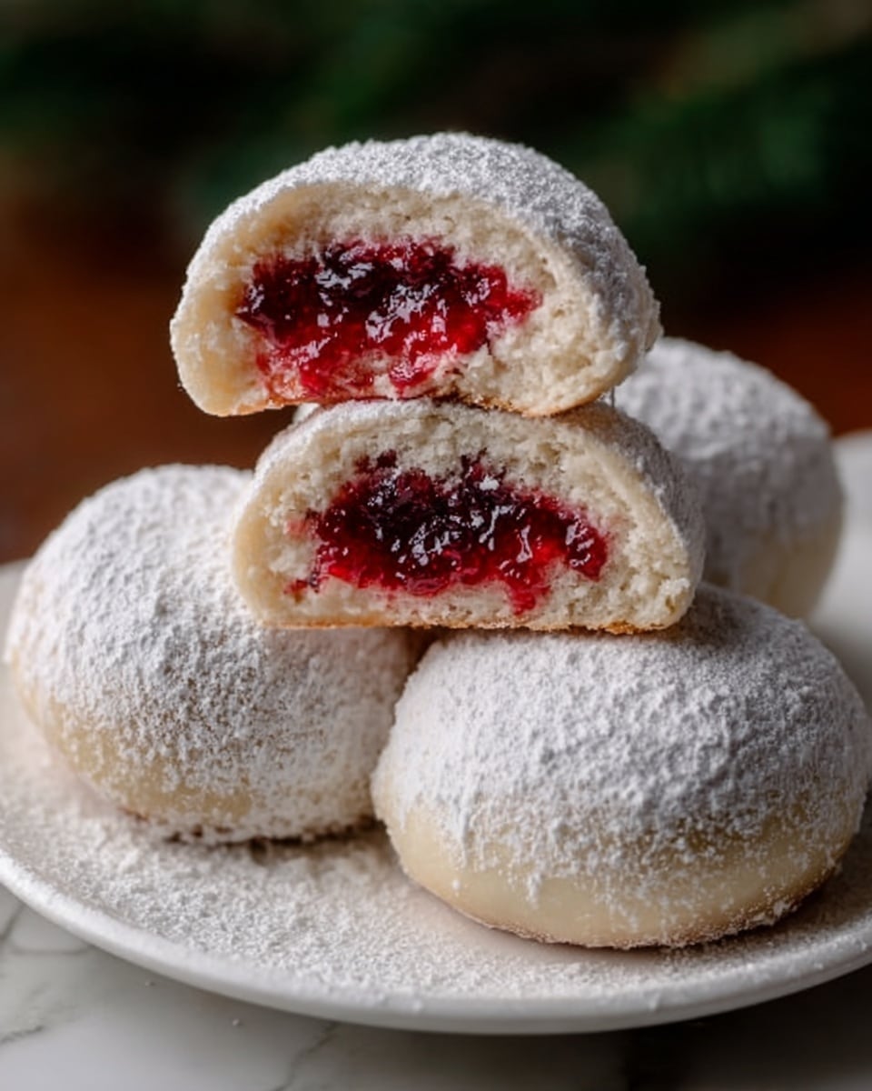 The image shows four round pastries on a white plate placed on a white marbled surface. Three of the pastries are whole, covered in a fine layer of white powdered sugar, giving a soft and powdery texture. The fourth pastry is cut in half and positioned on top of the others, revealing a thick layer of bright red jam inside that looks glossy and slightly chunky. The outer layer of the pastry is light beige, smooth, and dusted lightly with powdered sugar. The background is softly blurred with dark green tones. photo taken with an iphone --ar 4:5 --v 7