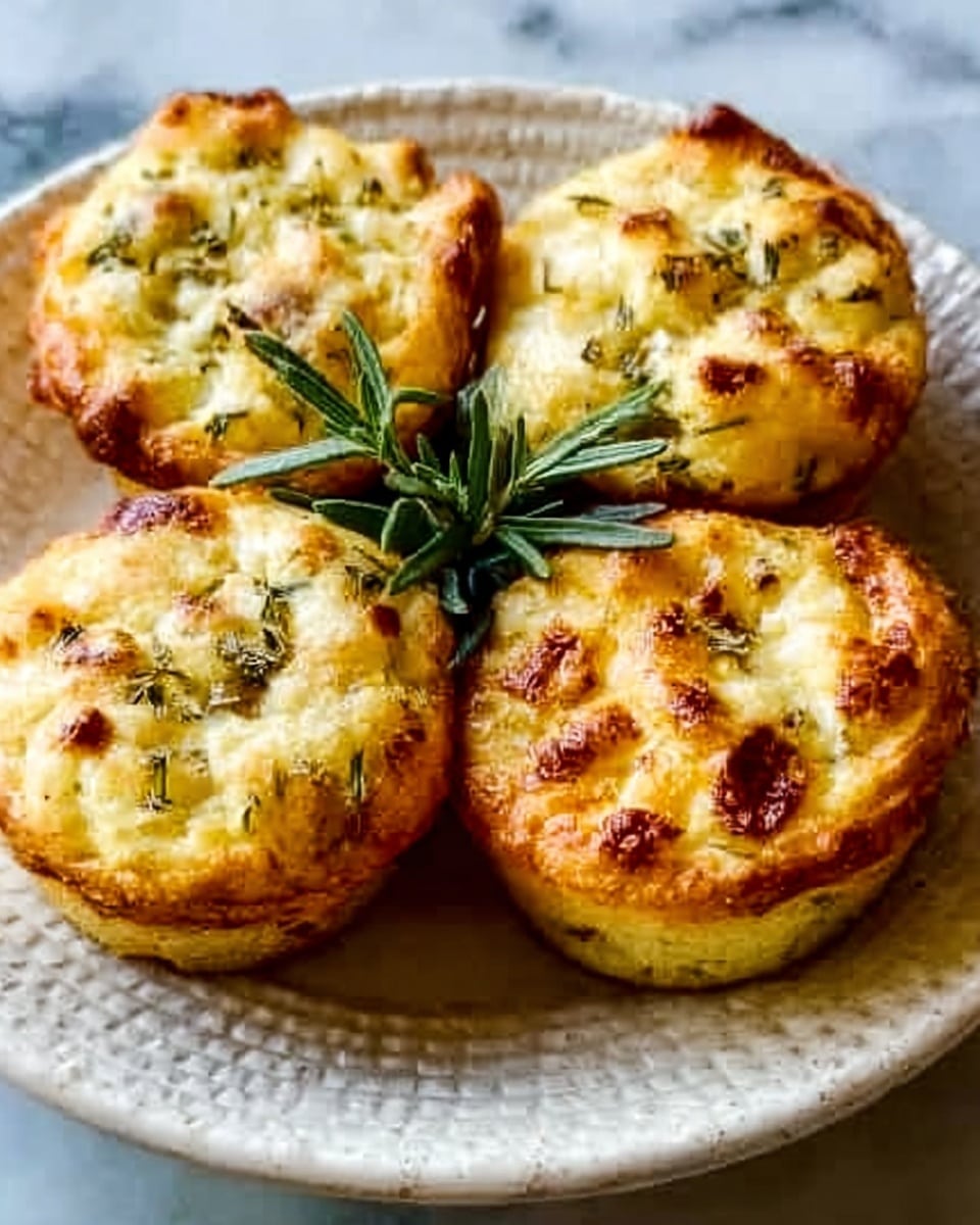 Five golden-brown mini quiches with a slightly crispy top are arranged closely on a white plate. Each quiche has a light, flaky crust with a textured edge, filled with a creamy, pale yellow egg mixture dotted with small bits of green herbs and tiny browned spots where the cheese has melted. A sprig of fresh rosemary is placed beside the quiches, adding a touch of green contrast. The white plate sits on a white marbled surface, creating a clean and bright background. Photo taken with an iphone --ar 4:5 --v 7