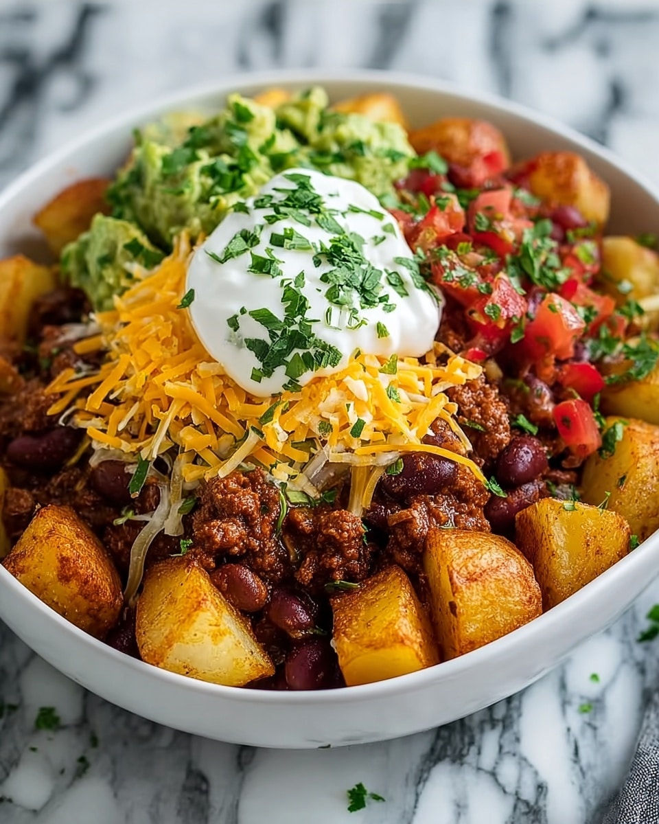 A white bowl holds a layered dish starting with golden-brown roasted potato chunks at the bottom, lightly crispy and textured. On top of the potatoes is a layer of dark brown minced meat mixed with kidney beans, giving a rich and hearty look. Next to the meat are fresh and chunky red and green salsa pieces, bright and moist. There is a portion of mashed, light green avocado on one side. Over the meat and potatoes is a generous layer of shredded bright orange cheddar cheese. In the very center on top is a dollop of white sour cream sprinkled with chopped green herbs. The background shows a white marbled texture. photo taken with an iphone --ar 4:5 --v 7