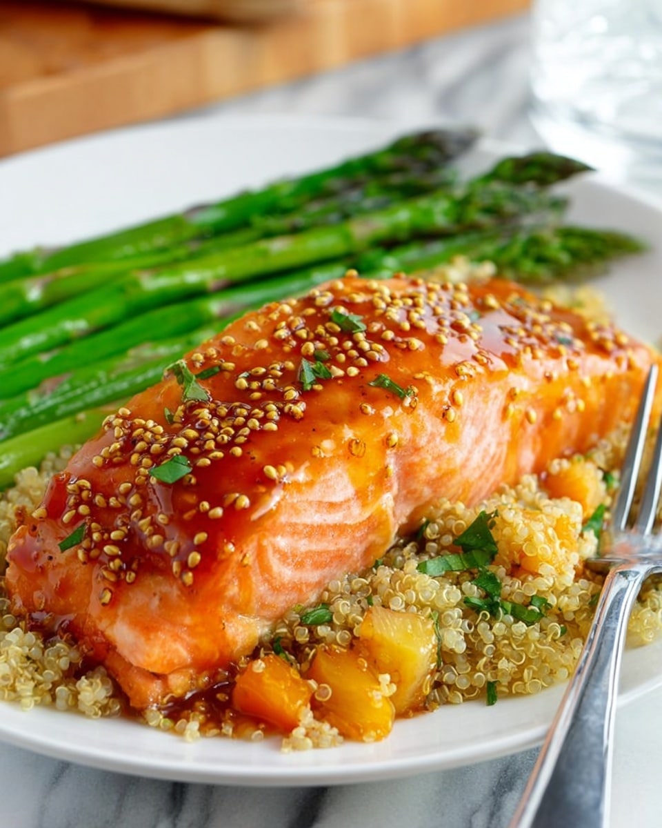 A thick piece of salmon fillet with a shiny, orange glaze covered with small mustard seeds and herbs lies on top of a bed of quinoa mixed with green herbs and chunks of orange vegetables. Behind the salmon, there is a neat row of bright green asparagus spears. To the right, a silver fork is placed next to the salmon on a white plate, all set against a white marbled texture background. photo taken with an iphone --ar 4:5 --v 7