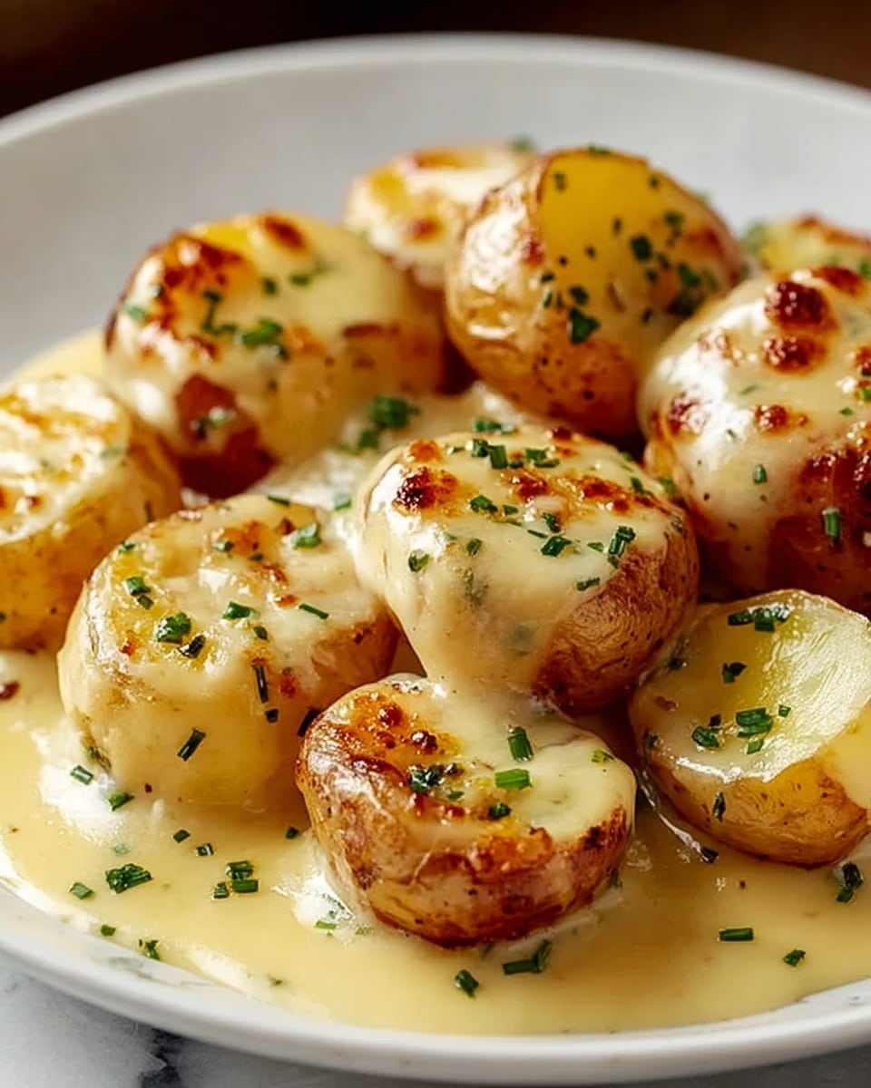 This image shows a close-up of small round potatoes cut in half, arranged on a white plate on a white marbled surface. Each potato half is topped with a thick layer of creamy golden sauce that is slightly browned in spots, giving a melted cheese look. The sauce spreads and pools around the potatoes with a smooth, rich texture. Small pieces of chopped green herbs are scattered on top and around the potatoes, adding a touch of color contrast. The lighting highlights the glossy finish of the sauce and the soft texture of the potatoes. photo taken with an iphone --ar 4:5 --v 7
