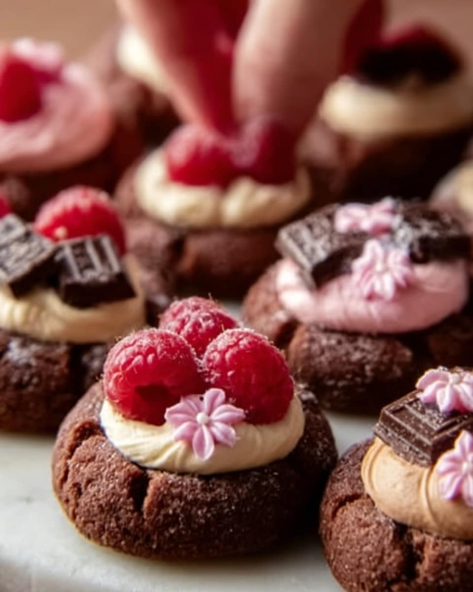The image shows a close-up view of small round chocolate cookies with different toppings arranged closely together on a white marbled surface. Each cookie has two layers: a soft, dark brown chocolate base with a slightly cracked texture, and various toppings including light brown cream, dark chocolate squares, fresh red raspberries, and tiny pink flower shapes. The toppings sit neatly on top of each cookie, giving a mix of smooth, creamy, and fresh textures. In the background, a woman's hand is gently touching one of the cookies. photo taken with an iphone --ar 4:5 --v 7