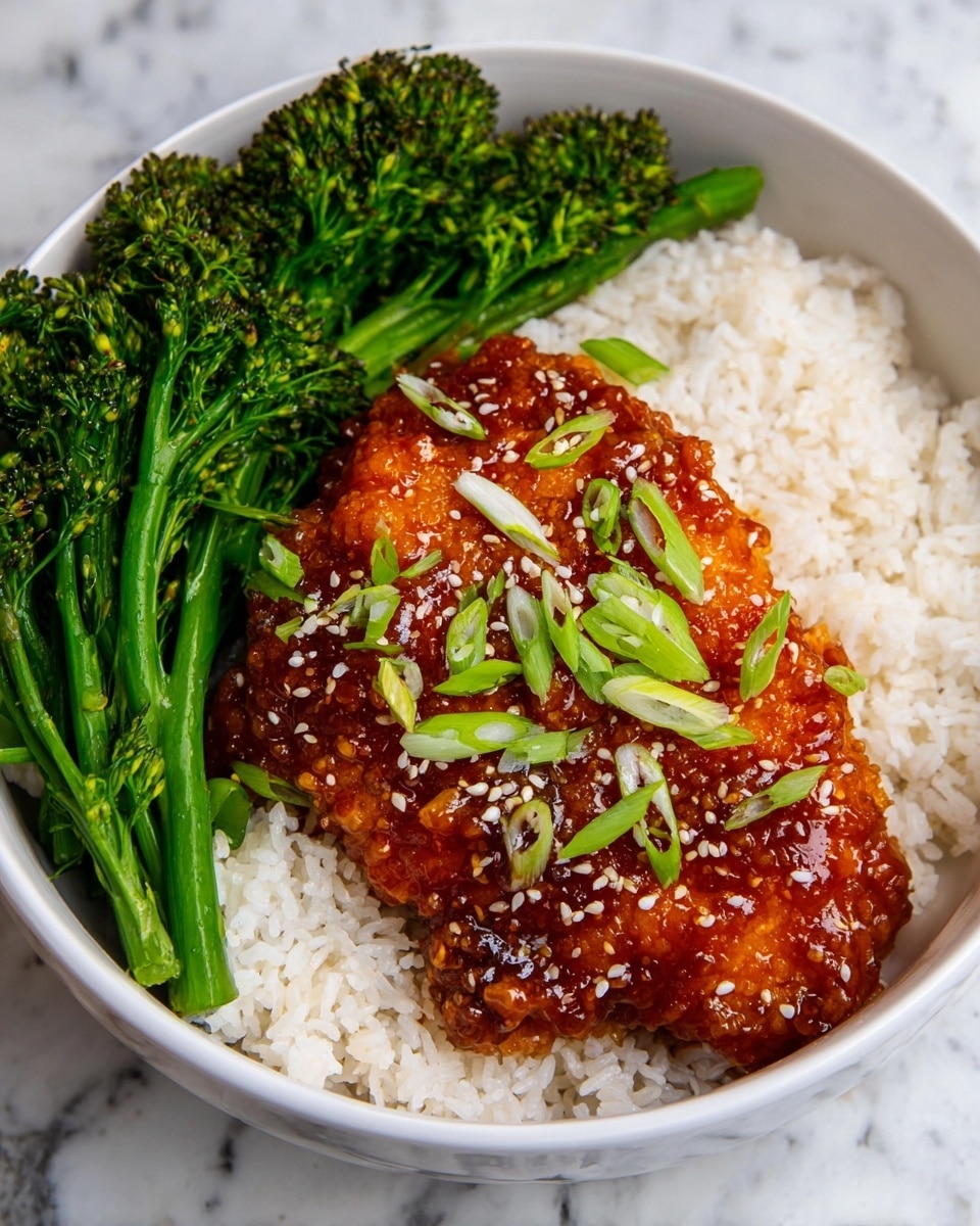 A white bowl contains a three-part dish arranged side by side: on the right is a large piece of crispy fried chicken covered with a thick, shiny red-orange sauce, sprinkled with small white sesame seeds and thin slices of green spring onions; in the middle is a neat pile of fluffy white rice with a soft and slightly sticky texture; on the left are bright green steamed broccolini with slightly charred ends, adding a fresh and crisp texture to the meal. The bowl is placed on a white marbled surface. photo taken with an iphone --ar 4:5 --v 7