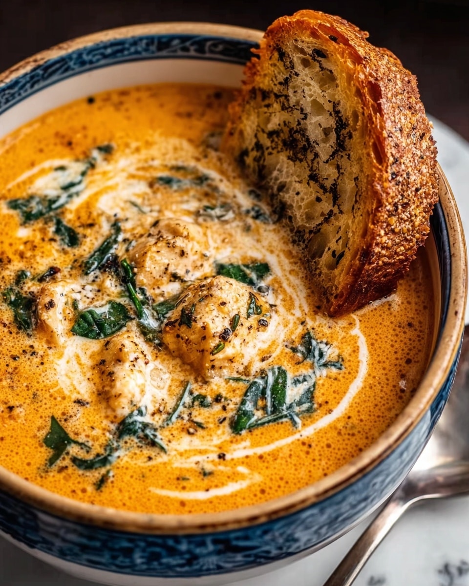A close-up image of a creamy orange soup served in a white bowl with a blue and beige outer pattern, filled nearly to the top. The soup has swirls of cream on the surface, creating a light, smooth texture, with pieces of chicken and dark green leafy herbs scattered throughout. A toasted slice of bread with visible black pepper seasoning is resting inside the bowl on the right side, slightly dipped into the soup. The bowl is placed on a white marbled surface with a silver spoon just visible on the right edge of the frame. Photo taken with an iphone --ar 4:5 --v 7