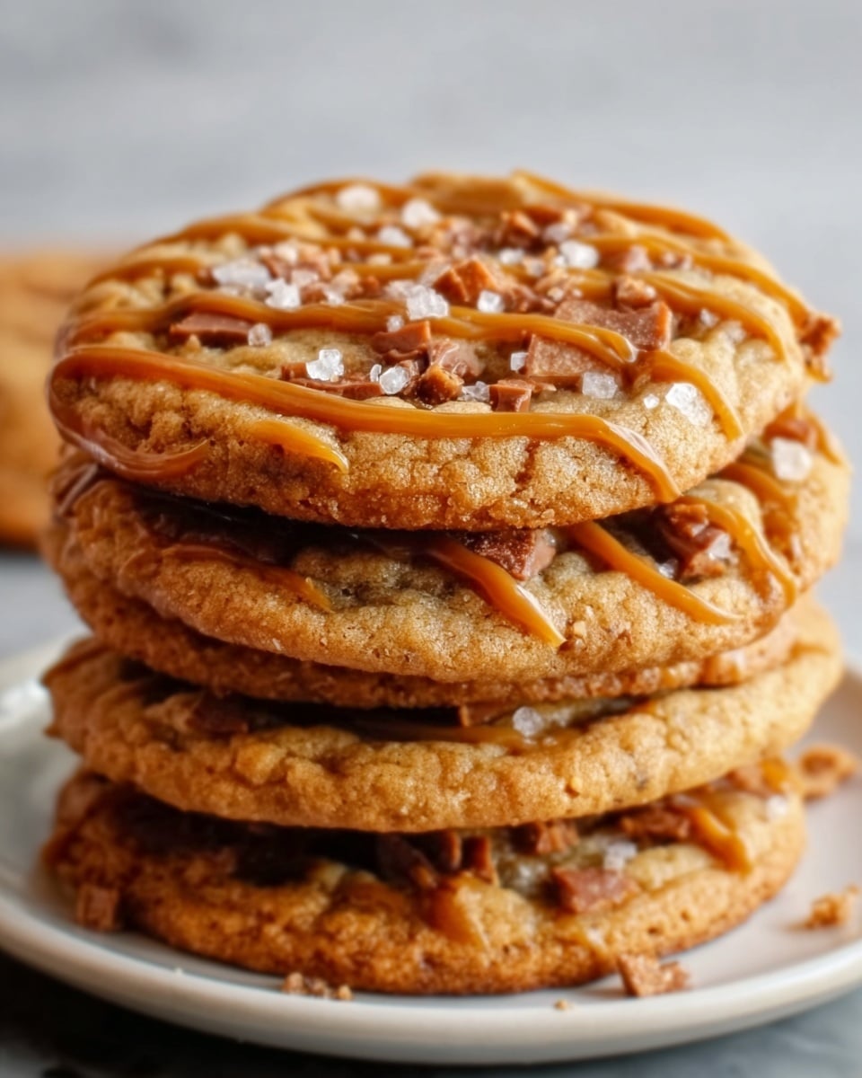 A tall stack of four thick cookies sits on a white plate, each cookie showing a golden-brown color with uneven edges and a soft, chewy texture. The top cookie is decorated with caramel drizzle in thin, wavy lines and sprinkled with small bits of salt and chunks of light brown toffee, adding crunchy texture. The background features a white marbled surface, making the warm tones of the cookies stand out. Photo taken with an iphone --ar 4:5 --v 7