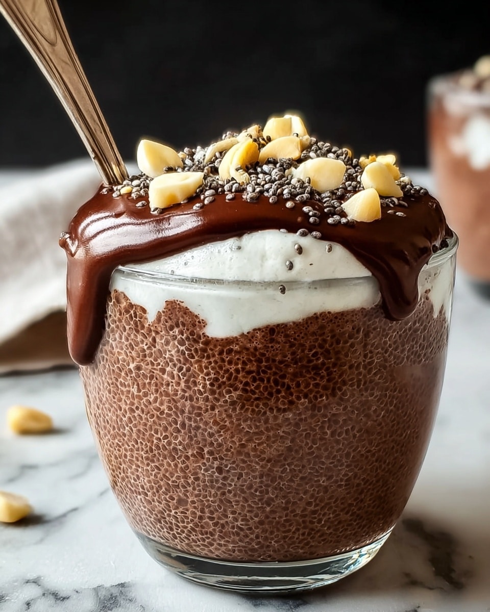 A clear glass cup is filled with a base layer of dark chocolate chia pudding that has a slightly bumpy texture with visible chia seeds. On top of that is a thick swirl of creamy white yogurt or whipped cream, contrasting with the chocolate layer below. Above this is a smooth, glossy layer of rich chocolate sauce that almost covers the white cream. The chocolate layer is sprinkled with small black and white seeds, most likely chia or sesame seeds, and topped with large, light yellow nut pieces scattered unevenly. A spoon rests inside the glass, and the whole setting is placed on a white marbled surface. photo taken with an iphone --ar 4:5 --v 7