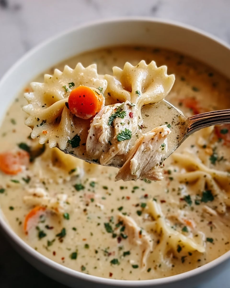 A close-up of a silver spoon holding three farfalle pasta pieces, small chunks of cooked chicken, and a slice of orange carrot, all coated in a creamy white soup with visible green herbs and black pepper flakes. The background shows the same soup in a white pot, with some small bits of carrot and herbs floating. The soup has a smooth, thick texture with scattered herbs and seasoning on its surface, all set on a white marbled texture. photo taken with an iphone --ar 4:5 --v 7