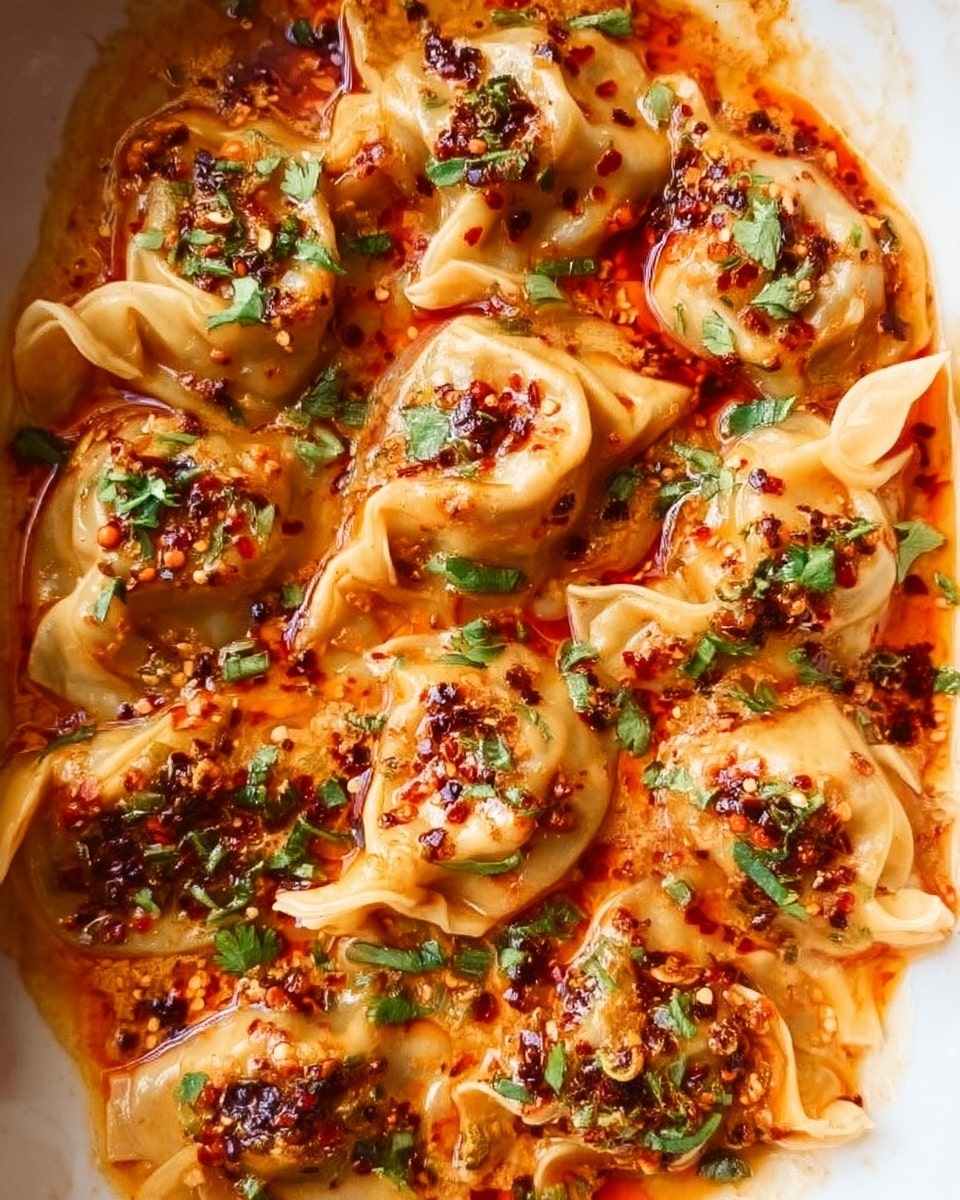 Close-up view of a white plate filled with a single layer of dumplings covered in a bright orange sauce, with visible chunks of minced chili and garlic dark brown and slightly charred on top. The dumplings have a chewy, light beige skin with some folds and slightly browned edges. Fresh green chopped herbs are sprinkled over the dish, adding a touch of color contrast. The sauce appears creamy with a mix of smooth and textured elements. The background is a white marbled surface. Photo taken with an iphone --ar 4:5 --v 7