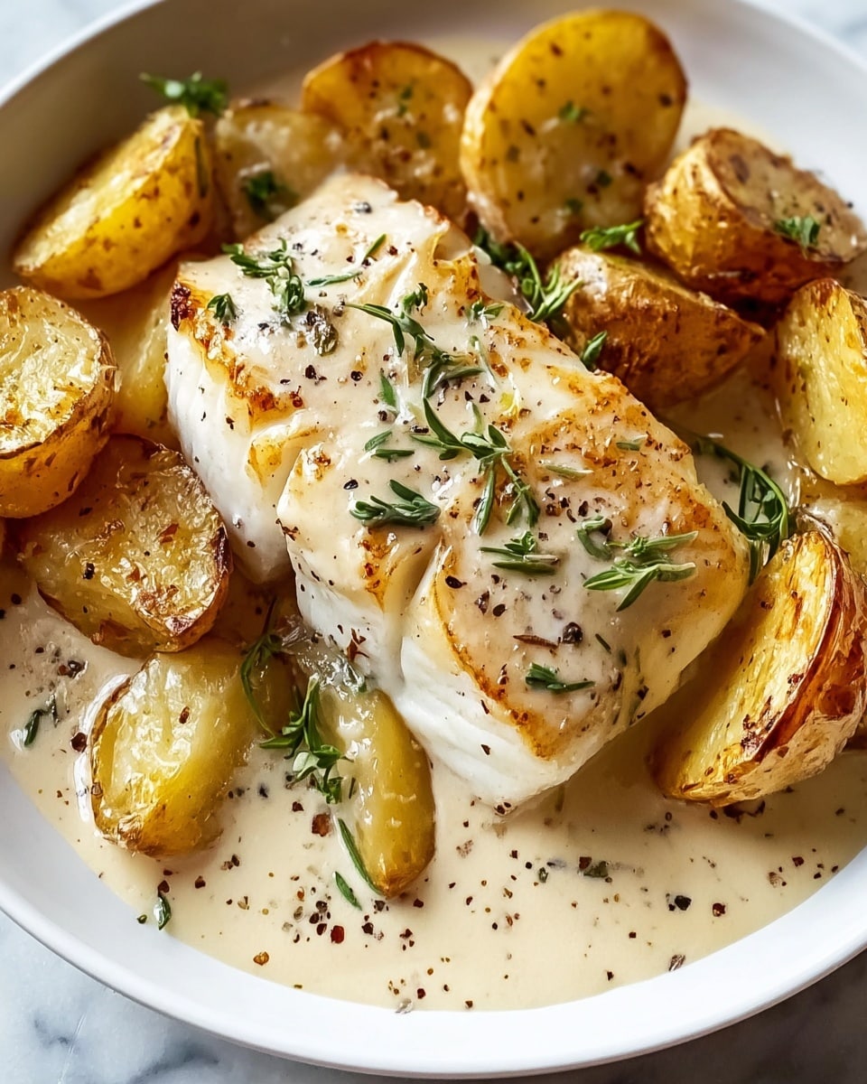 A white plate shows a single thick piece of cooked white fish with a golden brown sear on top, covered with a creamy light beige sauce sprinkled with green herbs like rosemary and black pepper. Around the fish, there are several pieces of roasted small yellow potatoes cut into wedges with a browned, slightly crispy texture. The sauce pools slightly around the fish and potatoes, mixing with some scattered herbs, creating a smooth, rich appearance. The background has a white marbled texture. photo taken with an iphone --ar 4:5 --v 7