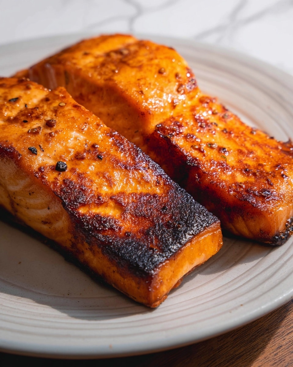Two thick slices of cooked salmon with a shiny, golden-brown crust on top, showing a slightly charred texture and specks of black pepper. The salmon flesh beneath appears tender and moist, with a pale orange-pink color. The pieces lie side by side on a white plate that features subtle concentric ridges. The surface beneath the plate has a white marbled texture. The lighting emphasizes the rich color and crispiness of the salmon skin. photo taken with an iphone --ar 4:5 --v 7
