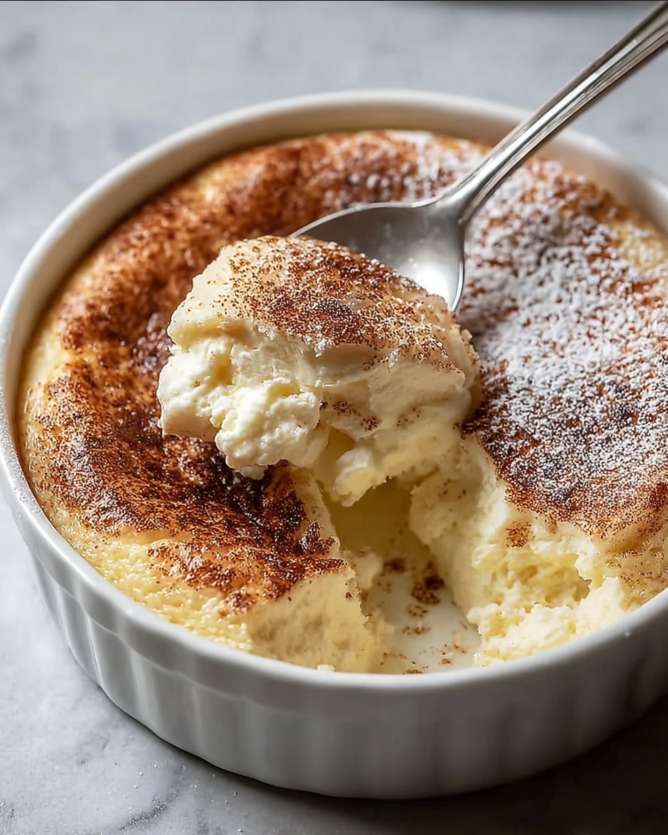 A white round dish holds a soft, fluffy dessert with a light cream-colored base layer that looks smooth and airy. The top layer is dusted unevenly with a dark brown powder, likely cinnamon, giving a textured and slightly lumpy appearance, while some parts are sprinkled with white powdered sugar, adding a snowy contrast. A spoon lifts a scoop from the side, showing the creamy inside underneath the spiced topping. The dish sits on a white marbled surface. photo taken with an iphone --ar 4:5 --v 7
