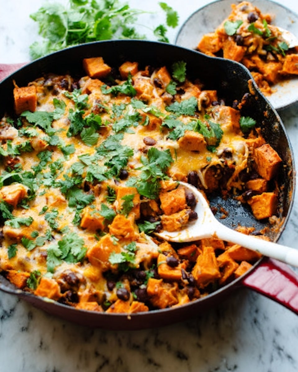 A black skillet filled with two layers of a cooked dish: the bottom layer consists of cubed sweet potatoes and black beans cooked together with a slightly orange tint, and the top layer is melted yellow cheese spread unevenly with some browning, sprinkled with fresh chopped green cilantro leaves. A white spoon is placed on the right side inside the skillet, scooping out some of the dish. On the right side, there is a small white plate with a scoop of the dish. The surface beneath is a white marbled texture with a couple of sprigs of cilantro nearby. Photo taken with an iphone --ar 4:5 --v 7