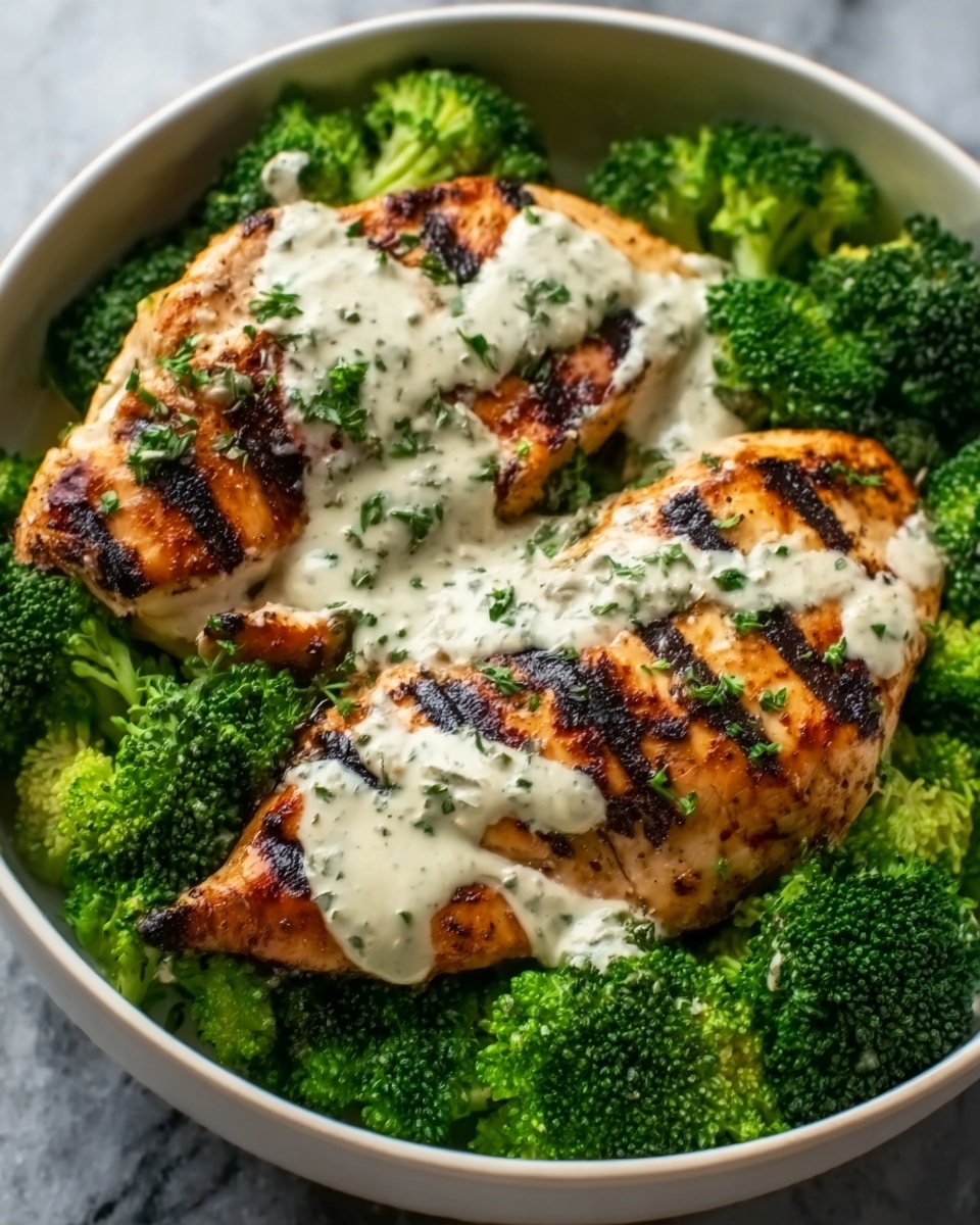The image shows a white bowl filled with fresh green broccoli florets forming the bottom layer. On top of the broccoli, there are two pieces of grilled chicken breast with clear char marks, showing a golden-brown texture. The chicken is covered with a creamy white sauce that spreads unevenly over the meat, creating a contrast with the darker grill marks and the bright green broccoli. The dish is garnished with a sprinkling of finely chopped herbs, adding small green specks on the sauce. The background is a white marbled texture. Photo taken with an iphone --ar 4:5 --v 7