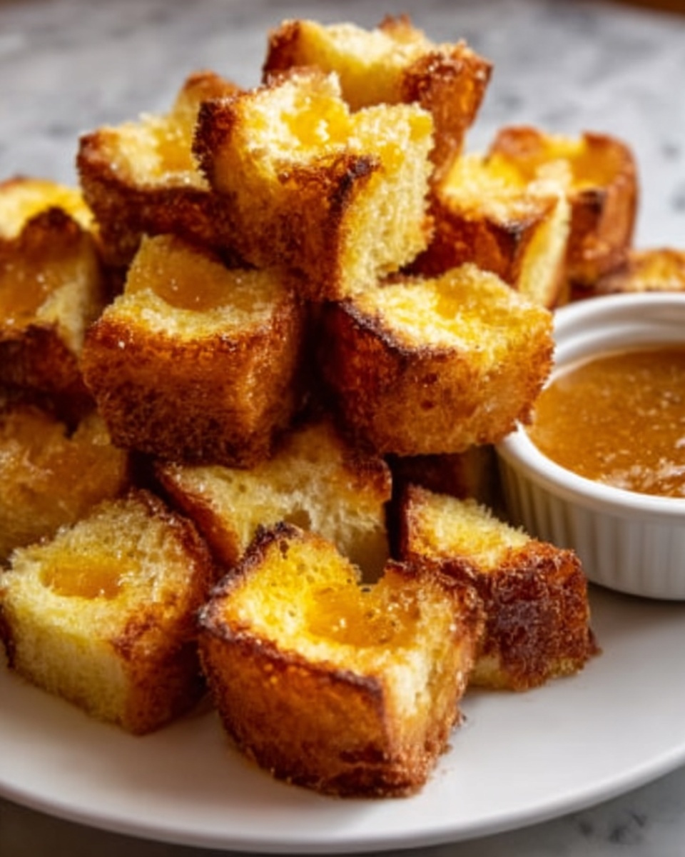 The image shows a white square plate with several pieces of French toast cut into bite-sized squares arranged in a loose pile. Each piece has a golden brown, slightly crispy crust with a soft and fluffy yellow inside. There is a small white ramekin filled with syrup placed near the edge of the plate. The surface beneath the plate is a white marbled texture. The lighting makes the toast look warm and fresh, and the syrup looks glossy and smooth. photo taken with an iphone --ar 4:5 --v 7