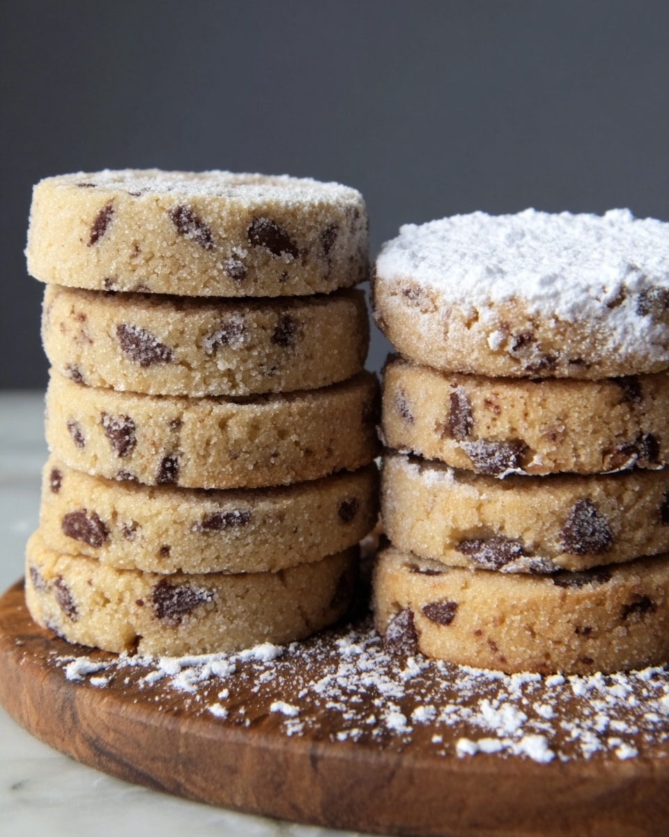 The image shows two stacks of round cookies on a white marbled surface, each cookie spotted with small chocolate pieces and dusted lightly with powdered sugar. The stack on the left is taller with seven cookies, while the stack on the right has five cookies, also sprinkled with powdered sugar on top. The cookies have a rough, crumbly texture with visible bits of chocolate scattered throughout. photo taken with an iphone --ar 4:5 --v 7