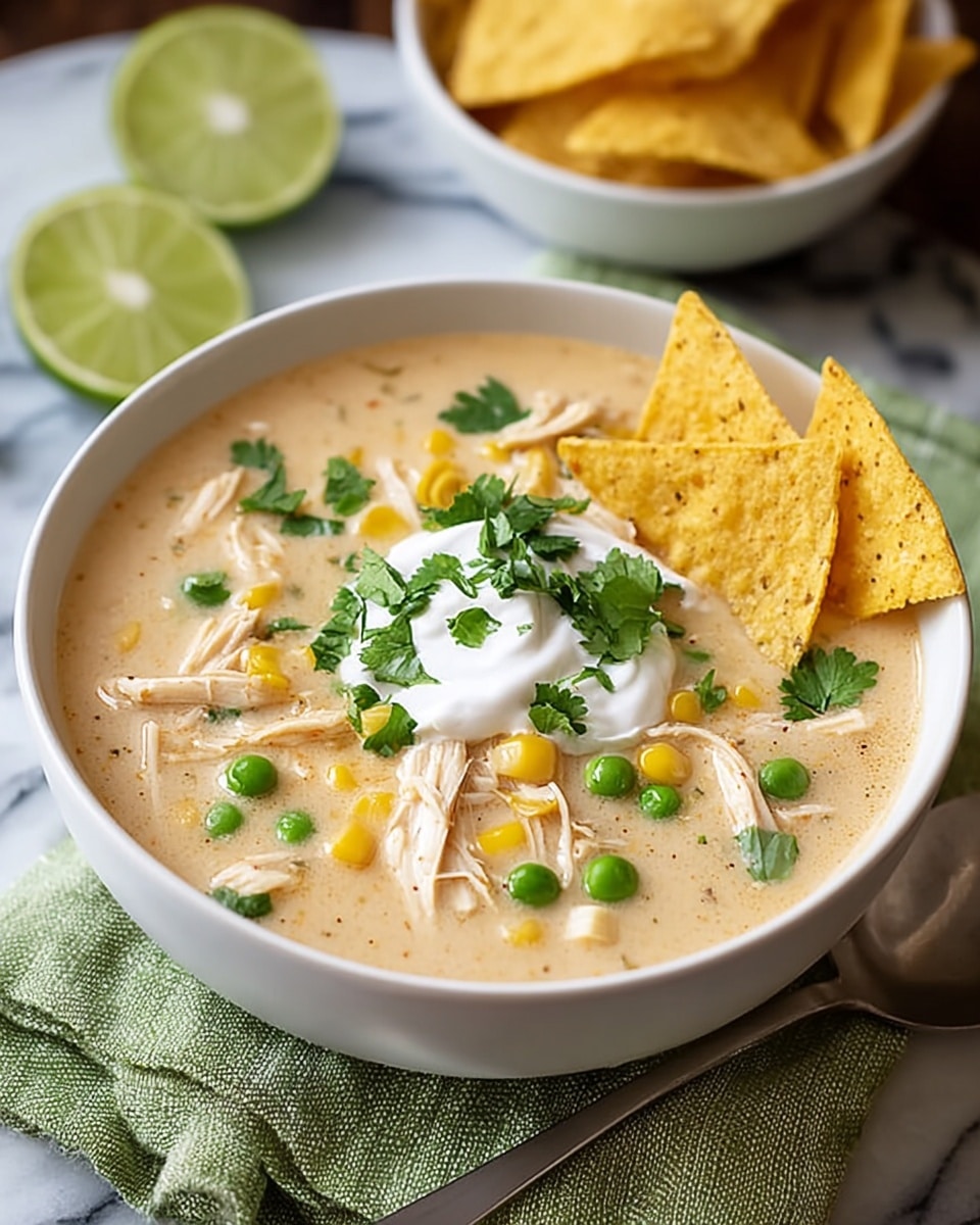 A white bowl filled with creamy light beige soup that has shredded white chicken pieces, bright green peas, and yellow corn kernels spread evenly. There is a dollop of white sour cream on top, garnished with fresh green cilantro leaves. Three triangular yellow tortilla chips are placed upright on one side inside the bowl. The bowl is sitting on a green-striped cloth on a white marbled surface, with a spoon partially visible on the right side, and blurred tortilla chips and lime wedges in white bowls in the background. photo taken with an iphone --ar 4:5 --v 7