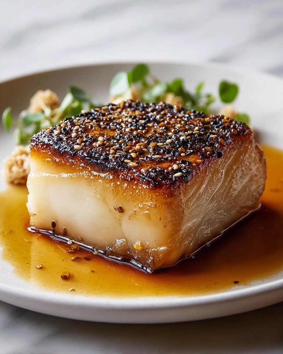 A thick, square piece of cooked fish with a glossy, caramelized amber-brown top that has fine grill marks and specks of black pepper, resting in a shallow pool of light brown sauce on a white plate. The fish's sides show a moist, flaky texture with a light creamy beige color revealing soft layers beneath the caramelized surface. In the background, slightly out of focus, is a small garnish of green leaves and light-colored shreds placed near the edge of the plate. The dish is set against a white marbled surface. photo taken with an iphone --ar 4:5 --v 7