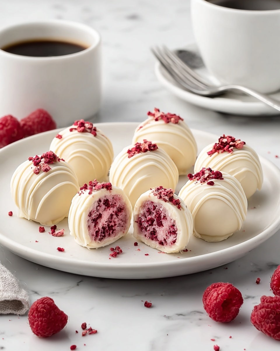 The image shows eight round white chocolate truffles placed on a white plate. Each truffle has a smooth, glossy white chocolate outer layer decorated with thin white chocolate drizzle lines running from top to bottom. On the top of each truffle, there are small pieces of red frozen raspberries and white flakes. One truffle is cut in half in the front, revealing three distinct layers inside: a bright red inner raspberry core with juicy, textured bits, a creamy pink middle layer, and a white outer shell. Some whole frozen raspberries and crumbs are scattered around the truffles on the white marbled surface. There is also a white cup with a saucer in the background and a shiny silver fork on the right side. photo taken with an iphone --ar 4:5 --v 7