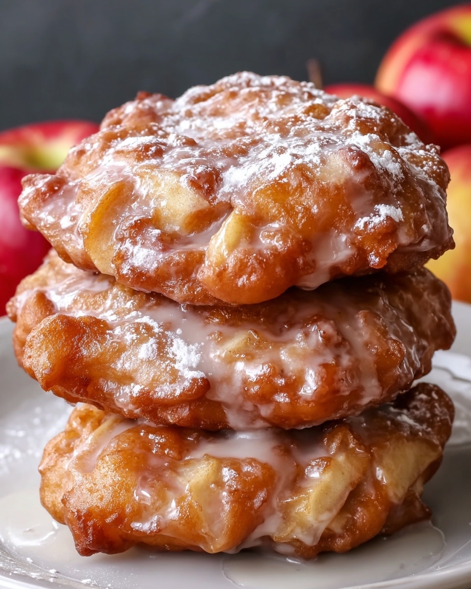 A close-up image of a stack of three apple fritters on a white plate. Each fritter has a golden-brown, crispy texture with irregular edges and visible chunks of apple inside. The fritters are glazed with a shiny, light brown icing that drips slightly down the sides and dusted generously with white powdered sugar. In the blurred background, there are red apples resting on a white marbled surface. photo taken with an iphone --ar 4:5 --v 7