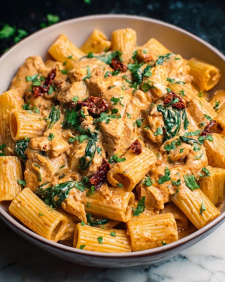 The image shows a deep white bowl filled with rigatoni pasta covered in a thick creamy orange sauce mixed with pieces of chicken and wilted green spinach leaves. The rigatoni pasta tubes are large, ridged, and coated evenly in the sauce. Dark red bits of sun-dried tomatoes and freshly chopped green herbs are sprinkled on top, adding color contrast. The textures vary from the smooth sauce coating the pasta to the chunky chicken and leafy spinach, creating a rich and hearty look. The bowl is set on a white marbled texture. photo taken with an iphone --ar 4:5 --v 7