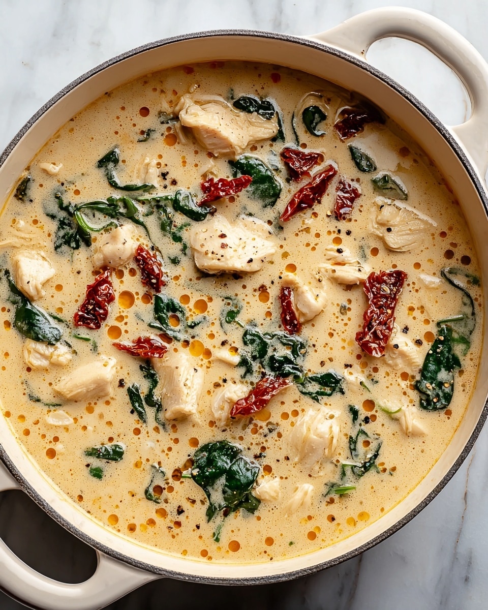 A white pot filled with a creamy soup showing three main layers: chunks of tender white chicken pieces scattered throughout, bright green spinach leaves evenly mixed in, and small bits of red sun-dried tomatoes adding color contrast. The soup base is a smooth, light orange cream with a slightly oily finish, speckled with black pepper on top. The pot rests on a white marbled surface, with its clean white handles visible. photo taken with an iphone --ar 4:5 --v 7