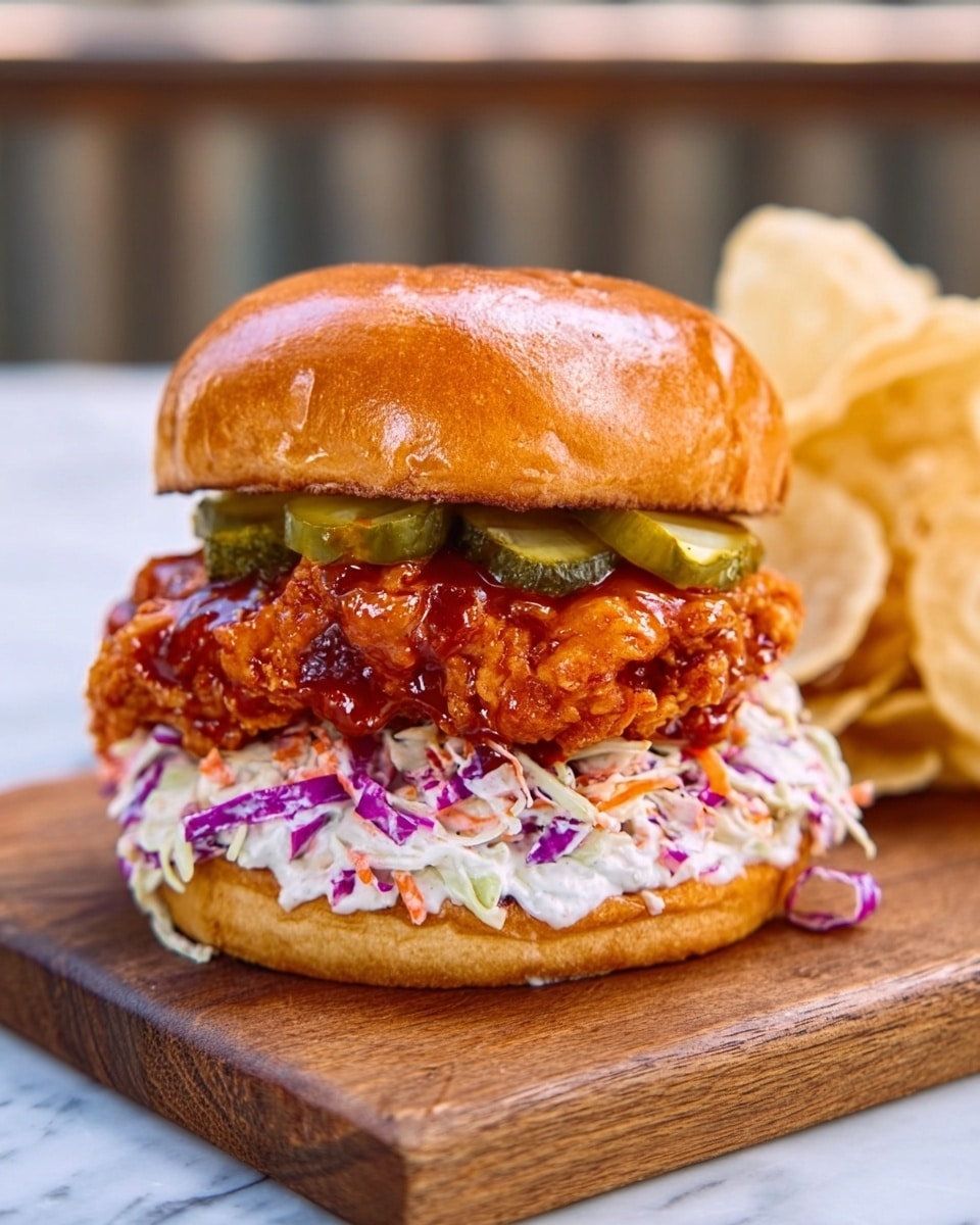 The image shows a crispy fried chicken sandwich on a soft, golden brown bun. The sandwich has three layers: a thick, crunchy fried chicken patty in the middle with a deep reddish-brown color, a layer of fresh coleslaw with white and purple cabbage underneath it, and green pickles visible above the chicken. The sandwich is placed on a wooden surface, next to a pile of light-colored potato chips. The background is a white marbled texture with a red and white checkered cloth slightly out of focus behind the sandwich. Photo taken with an iphone --ar 4:5 --v 7