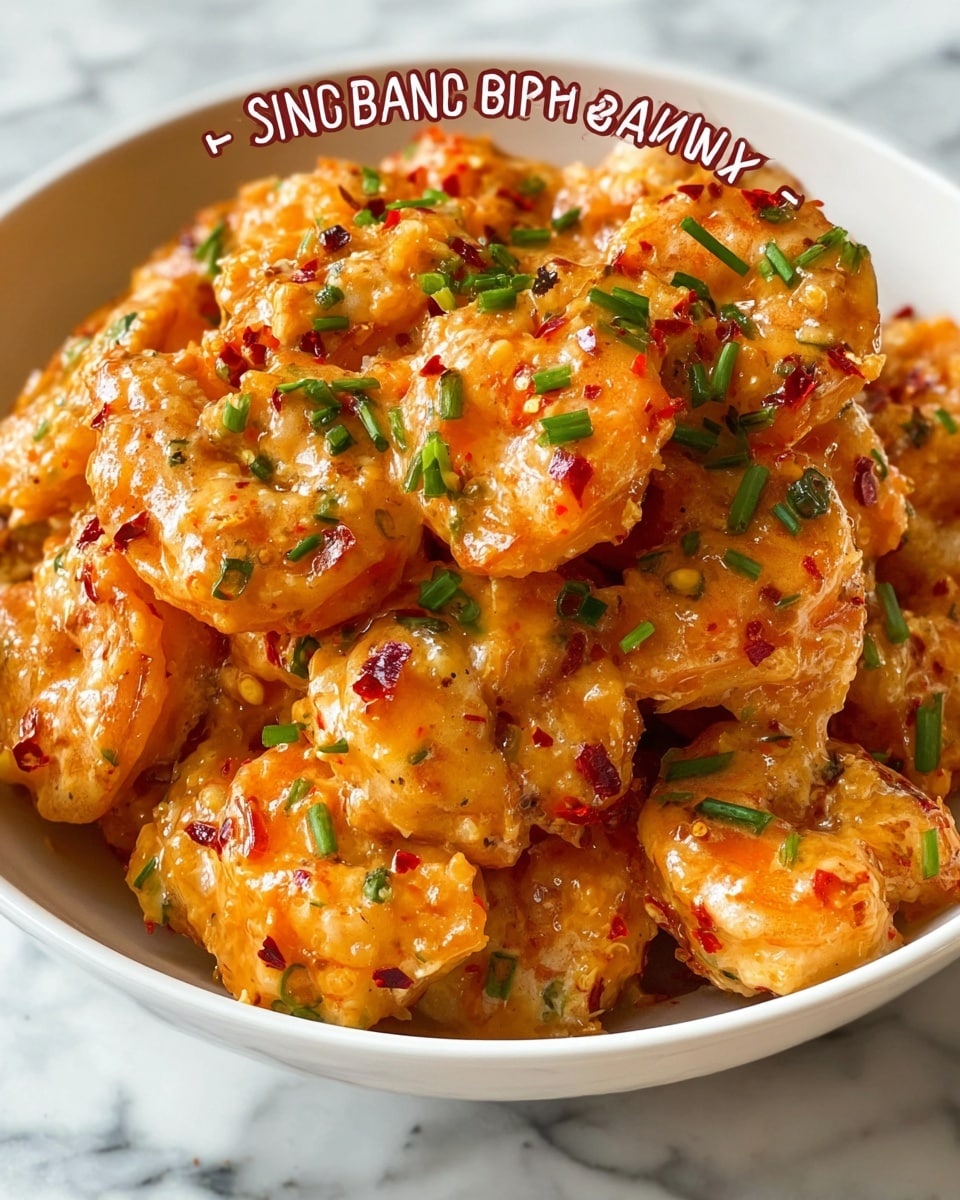 A close-up image of a bowl filled with spicy bang bang shrimp, showing many pieces coated in a creamy, orange-colored sauce with a glossy texture. The shrimp layers are piled high in the white bowl, each piece sprinkled generously with small green chive bits. The shrimp have a lightly browned, crispy exterior beneath the sauce. The entire dish glistens with sauce, and small red chili flakes add a speckled red detail among the orange and green. The bowl rests on a white marbled surface. Photo taken with an iphone --ar 4:5 --v 7