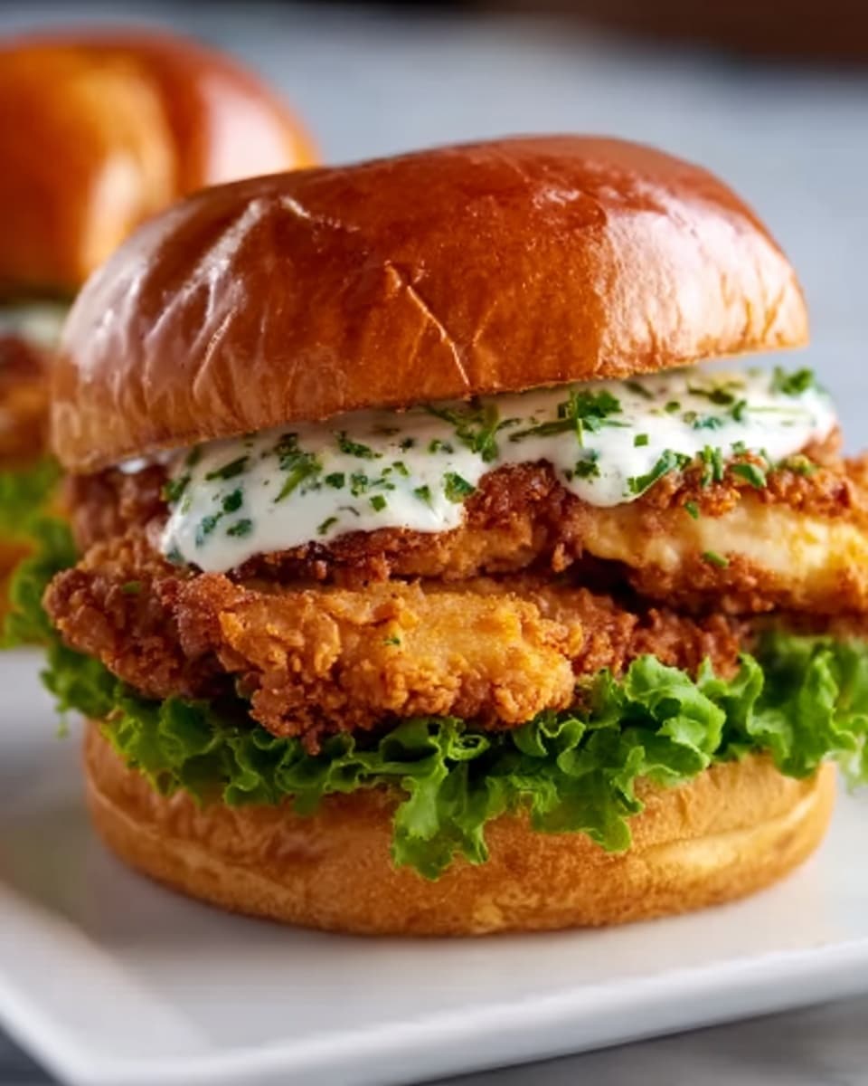 A close-up of a crispy fried chicken sandwich placed on a white plate, sitting on a white marbled surface. The sandwich has three visible layers: a toasted golden brown bun on top with a slight shine, a thick piece of crunchy, breaded chicken in the middle with a rough, textured surface, and fresh green leafy lettuce at the bottom. There are small white dollops of creamy sauce with tiny green herb bits on the chicken. The lighting highlights the crispy texture and softness of the bun, making the sandwich look fresh and tasty. Photo taken with an iphone --ar 4:5 --v 7