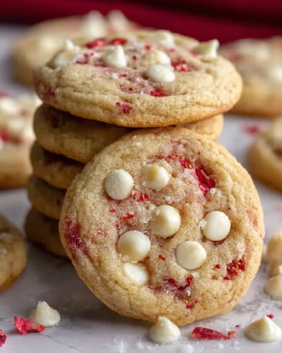 The image shows a stack of soft cookies on a white plate, placed on a white marbled surface. Each cookie has three layers visible: a light golden brown base, white chocolate chips spread on top, and bits of red fruit pieces scattered throughout the cookie's surface, giving it a colorful, textured look. The cookies look chewy with slightly cracked tops and a few crumbs around the plate rim. In the background, there is a small blurry red object, possibly fruit, adding a warm touch to the setting. photo taken with an iphone --ar 4:5 --v 7