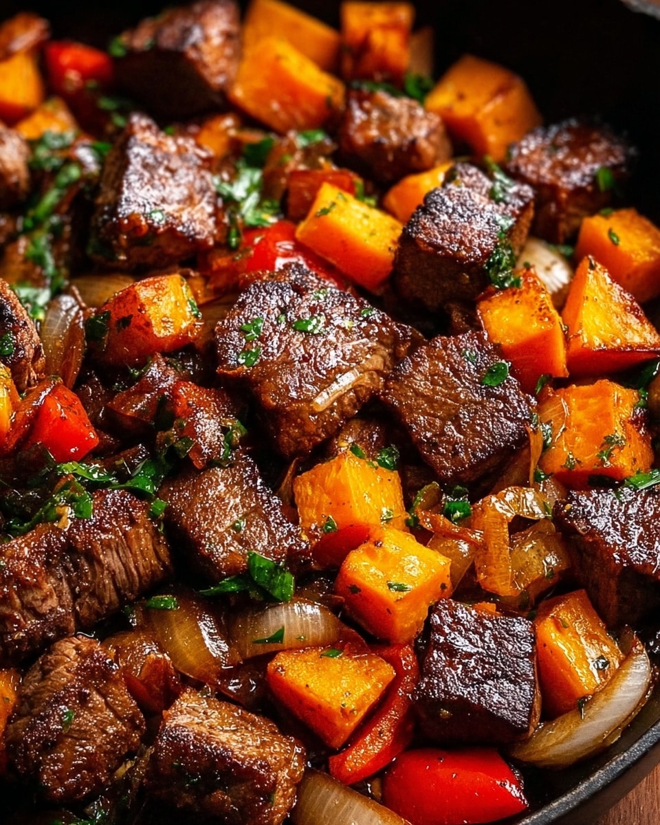 This image shows a close-up of a skillet filled with cooked diced beef and roasted orange sweet potatoes. The beef pieces are dark brown with a slightly crispy texture, scattered evenly throughout the dish. The bright orange sweet potato cubes are charred in spots and mixed in with the beef. Small bits of green herbs and diced green and red bell peppers add pops of color among the meat and potatoes. The dish looks glossy from cooking juices and seasoning. It rests on a white marbled surface. photo taken with an iphone --ar 4:5 --v 7