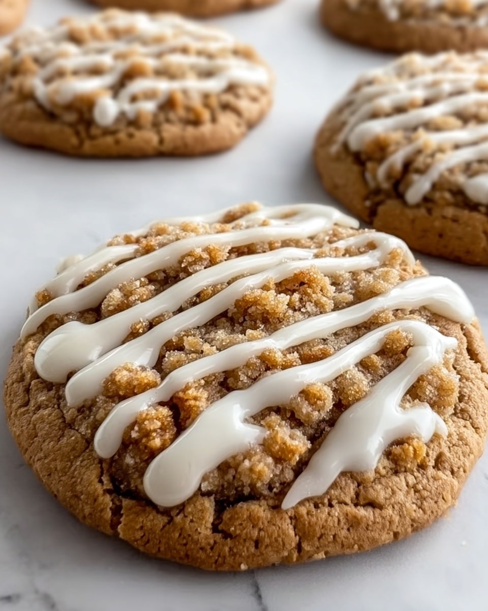 The image shows a close-up of a soft, round cookie with a cracked surface, topped with a layer of brown crumbly streusel in the center. On top of the streusel and cookie, there are thick white glaze lines drizzled evenly across the length. In the background, there are several more cookies of the same kind slightly out of focus, all placed on a white marbled surface. photo taken with an iphone --ar 4:5 --v 7