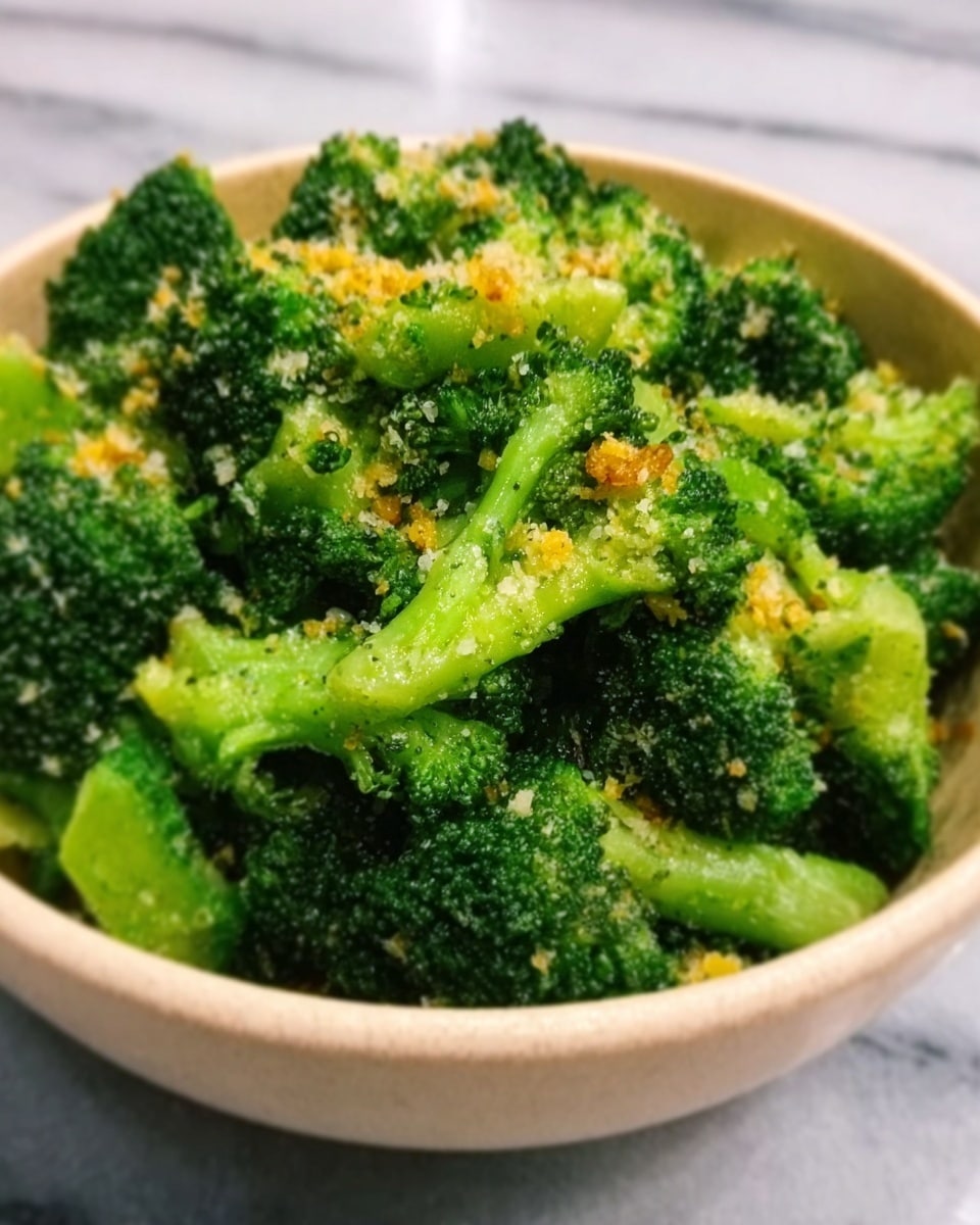 A white bowl filled with bright green broccoli florets coated in a crumbly, light yellow topping, possibly cheese or breadcrumbs, giving the broccoli a textured appearance. The broccoli pieces are layered naturally in the bowl, with some crown shapes visible on top, sitting on a white marbled surface. The image has a close-up view, showing the fresh and slightly shiny texture of the broccoli and the crumbly topping clearly. photo taken with an iphone --ar 4:5 --v 7