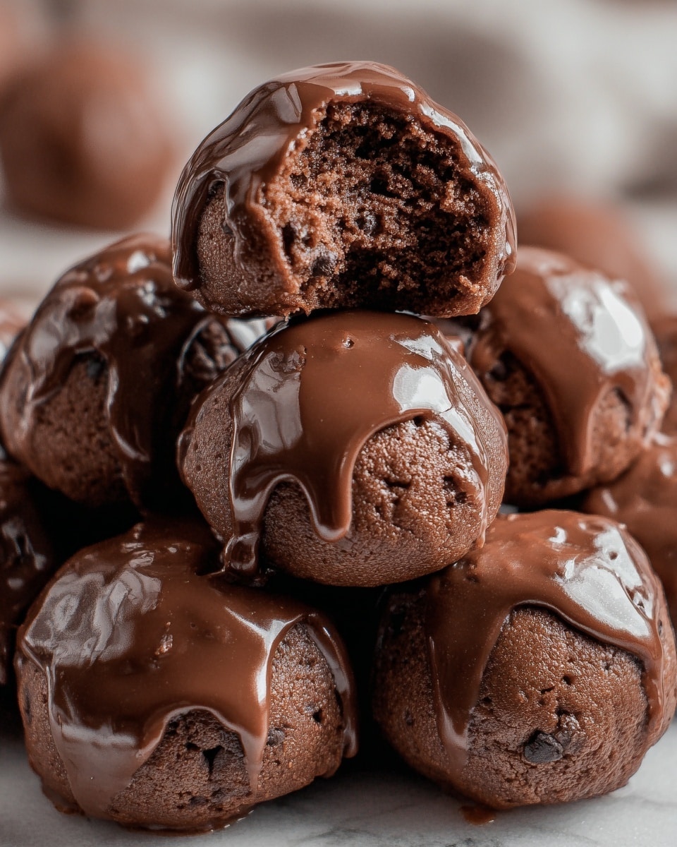 A close-up view of several chocolate dessert balls stacked together on a white marbled surface, each ball with a dark brown, soft, and slightly crumbly texture. They have a smooth, shiny milk chocolate glaze dripping unevenly over the top, creating a glossy layer that contrasts with the matte cake underneath. One ball near the top has a bite taken out, showing the cake's dense inside. The arrangement highlights the rich chocolate tones and the glossy glaze in natural light. photo taken with an iphone --ar 4:5 --v 7