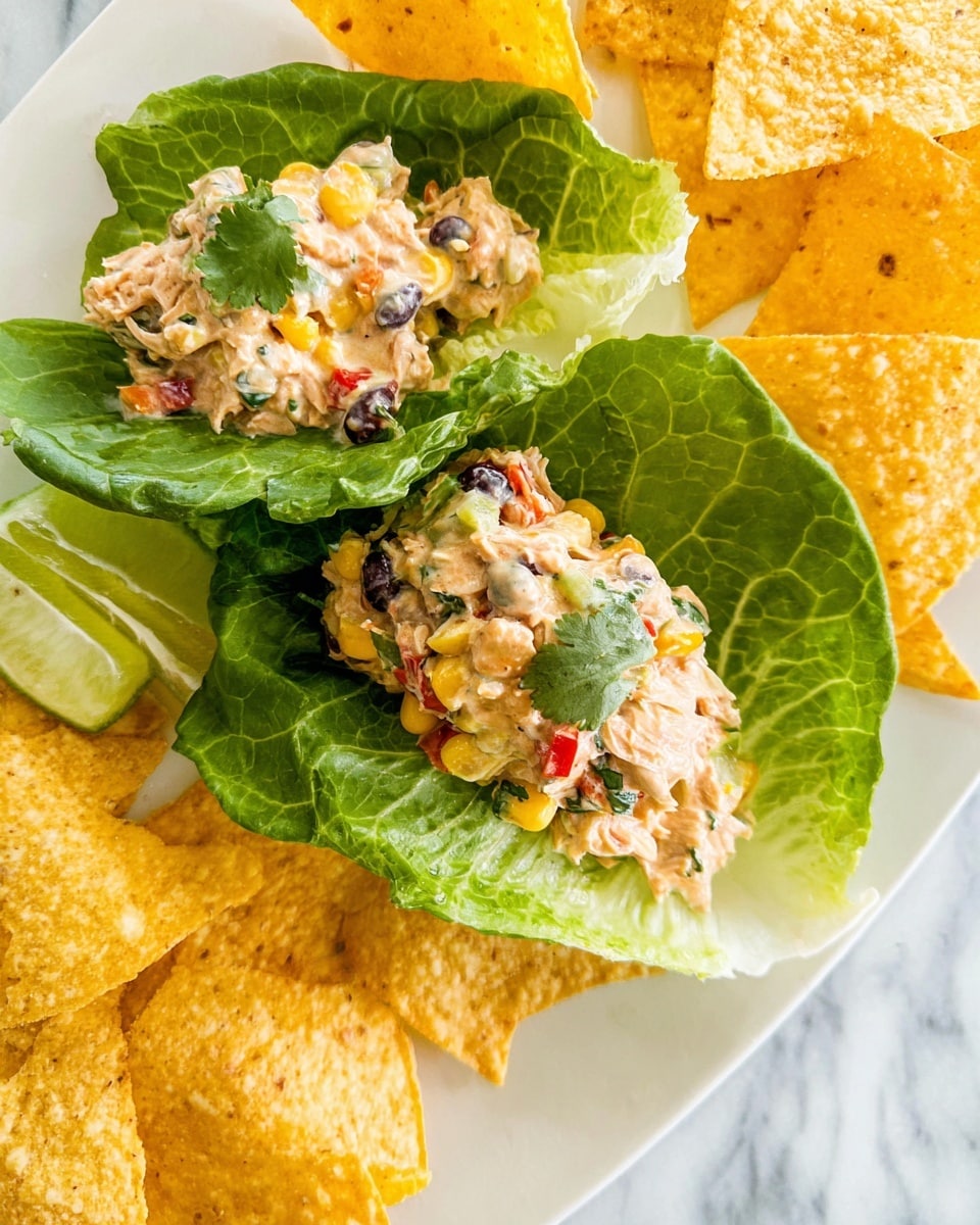 Two fresh green lettuce leaves lay open on a white marbled surface, each holding a creamy mixture of shredded chicken, black beans, corn, finely chopped red and orange bell peppers, and small green herb pieces. The creamy mixture looks thick and slightly reddish in color, sitting mostly in the center of each leaf and overflowing slightly at the edges. Around the lettuce leaves, there are several crispy, tan-colored tortilla chips arranged randomly, adding a crunchy texture contrast to the dish. photo taken with an iphone --ar 4:5 --v 7