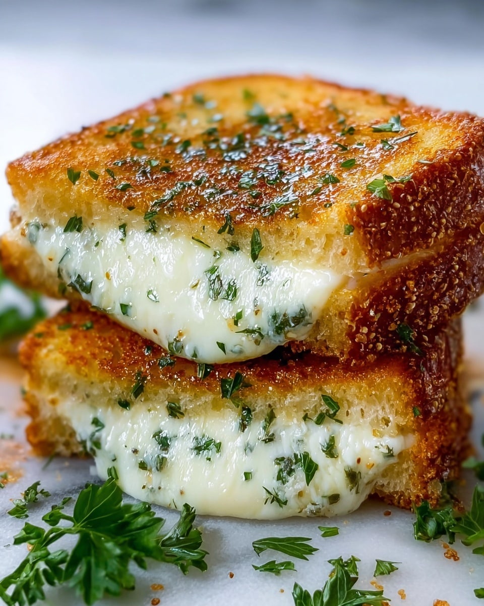 A close-up view of a grilled cheese sandwich cut in half and stacked, showing two thick slices of golden-brown toasted bread with a crispy, slightly crunchy texture. Between the slices is a thick layer of melted white cheese mixed with finely chopped green herbs, stretched slightly as the halves lean against each other. Small pieces of green parsley garnish are scattered on top of the sandwich and on the white marbled surface around it, adding a fresh touch. Photo taken with an iphone --ar 4:5 --v 7